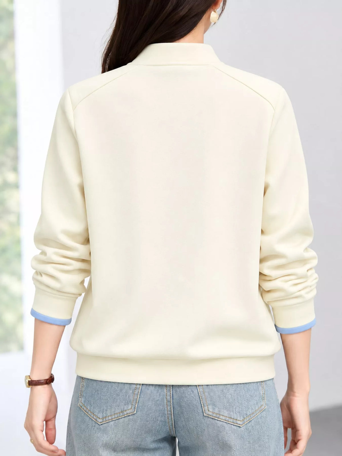 Quarter-Zip Sweatshirt with Contrast Collar, back view in cream