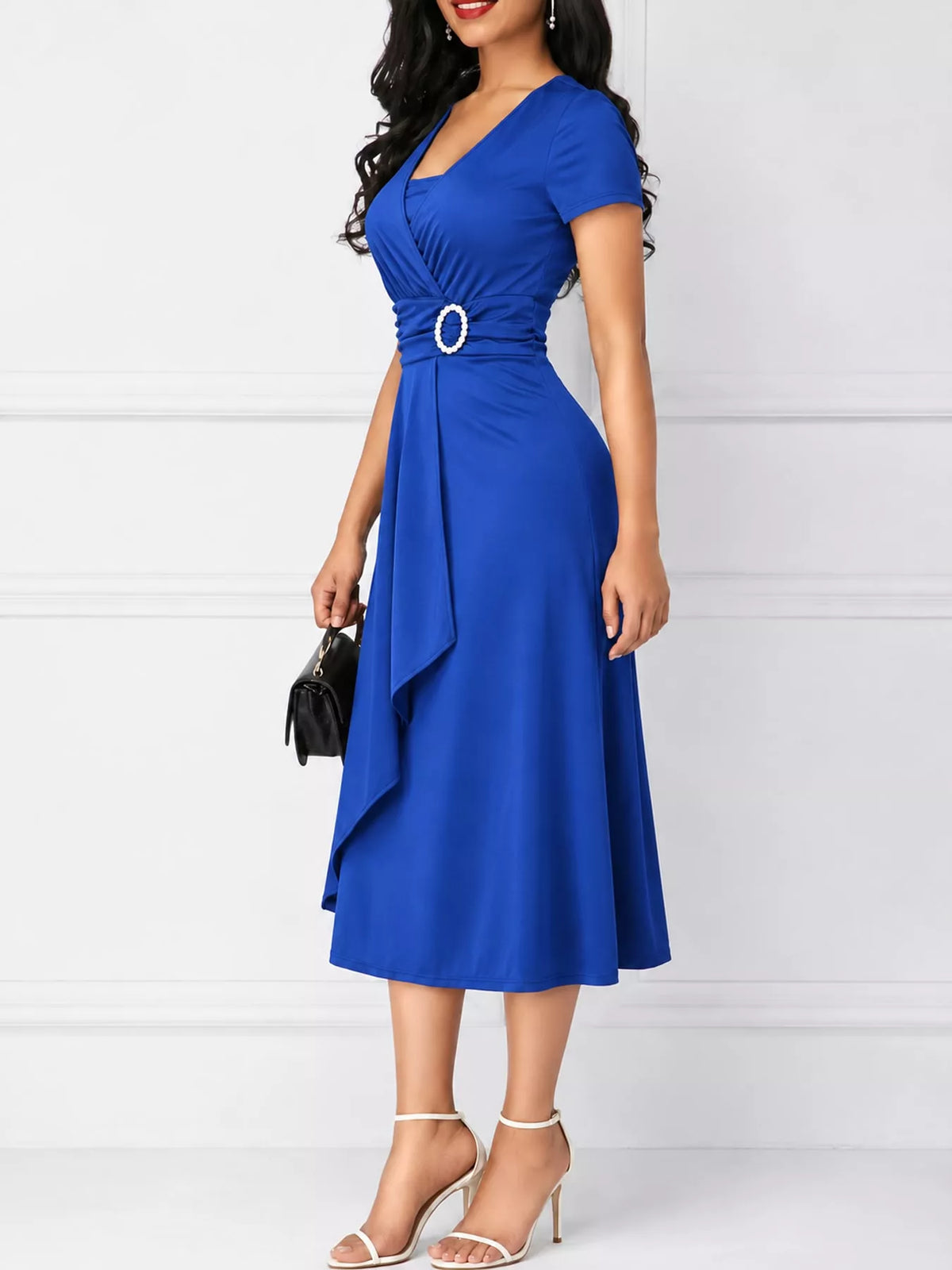 Decorative Buckle Short Sleeve Dress — front view