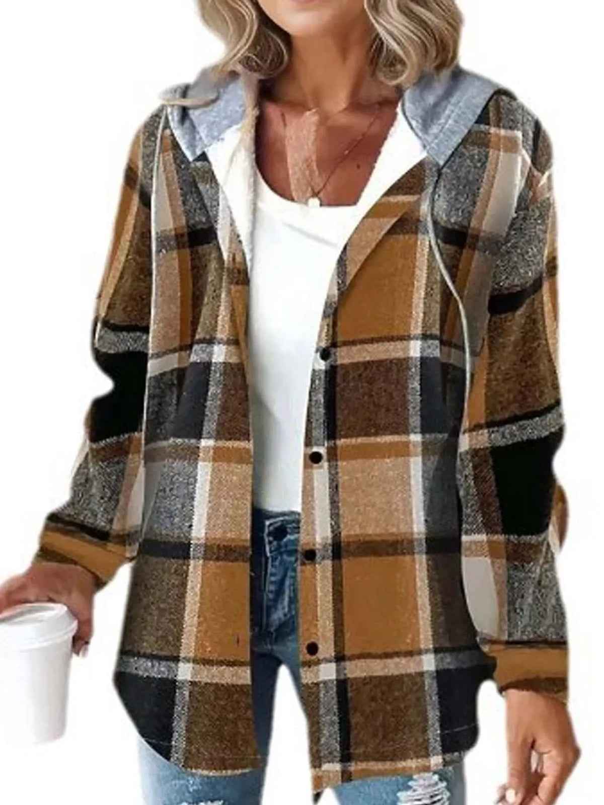 Button-Down Printed Contrast Hooded Shacket — front view