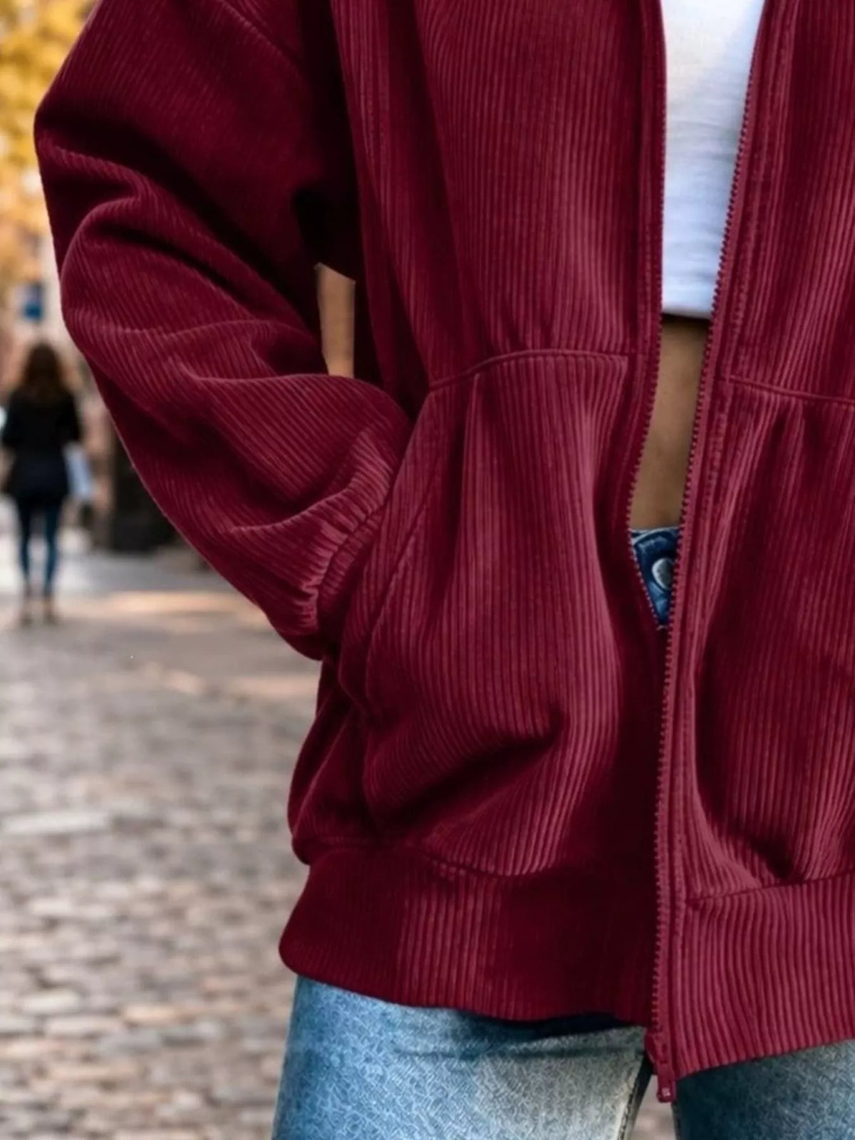 Women's Zip Up Dropped Shoulder Corduroy Jacket in burgundy — pocket detail view