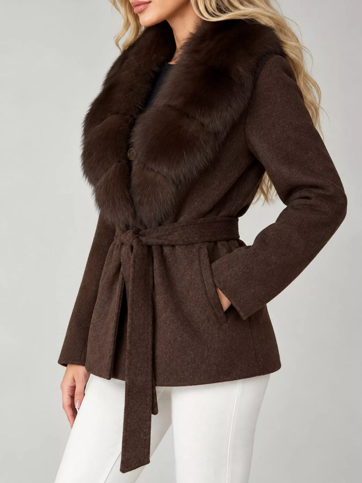 Faux Fur Collar Belted Jacket — side view