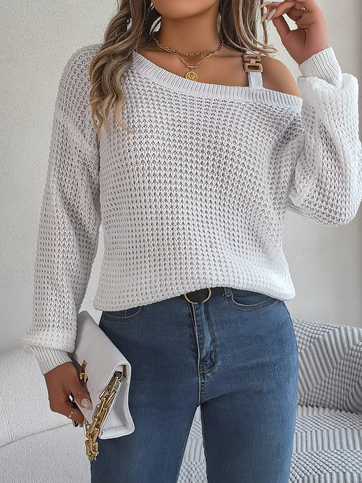 Asymmetrical Neck Long Sleeve Sweater in white, front view