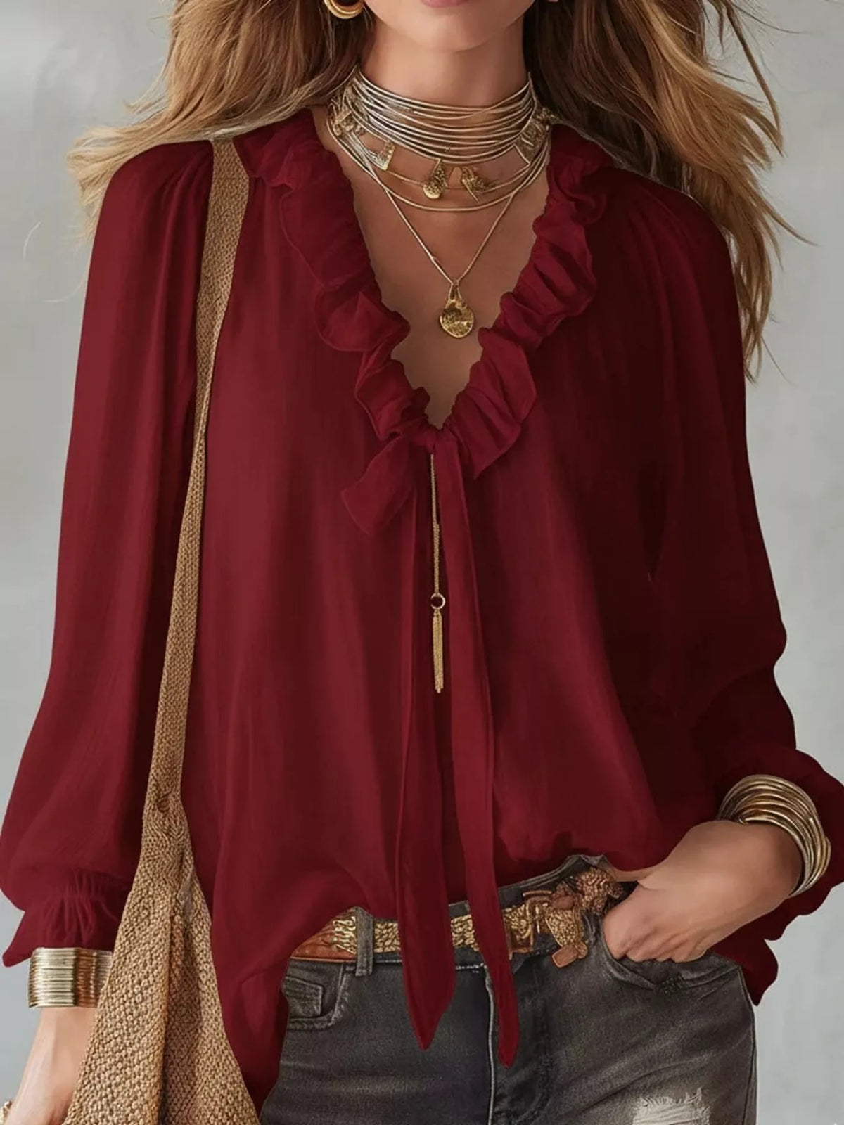 V-neck long sleeve blouse, front view on model