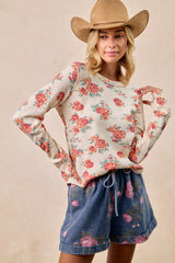 Trendsi BiBi Floral Print Washed Waffle Thermal Top With Thumb -