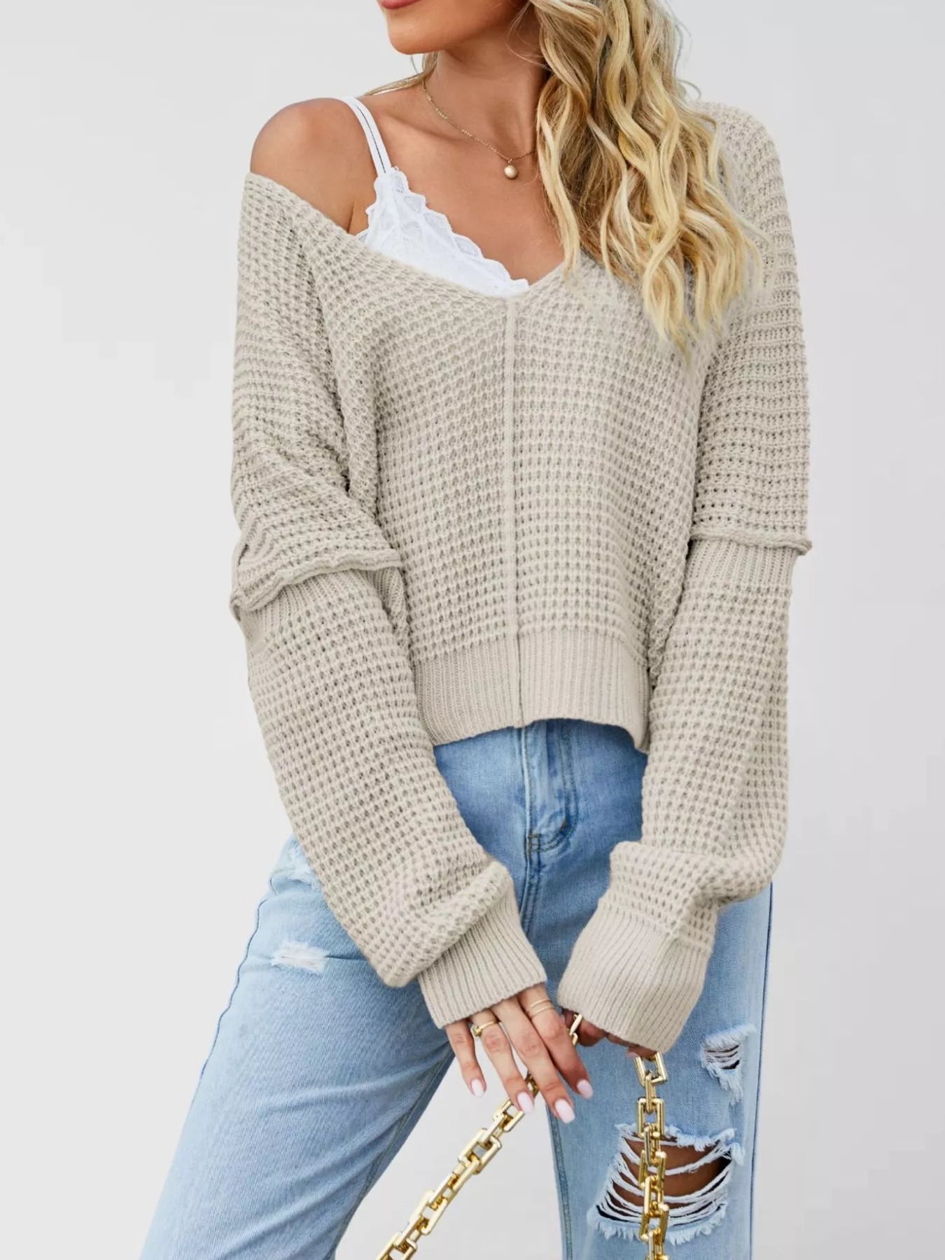 Trendsi Waffle Knit Dropped Shoulder Sweater -