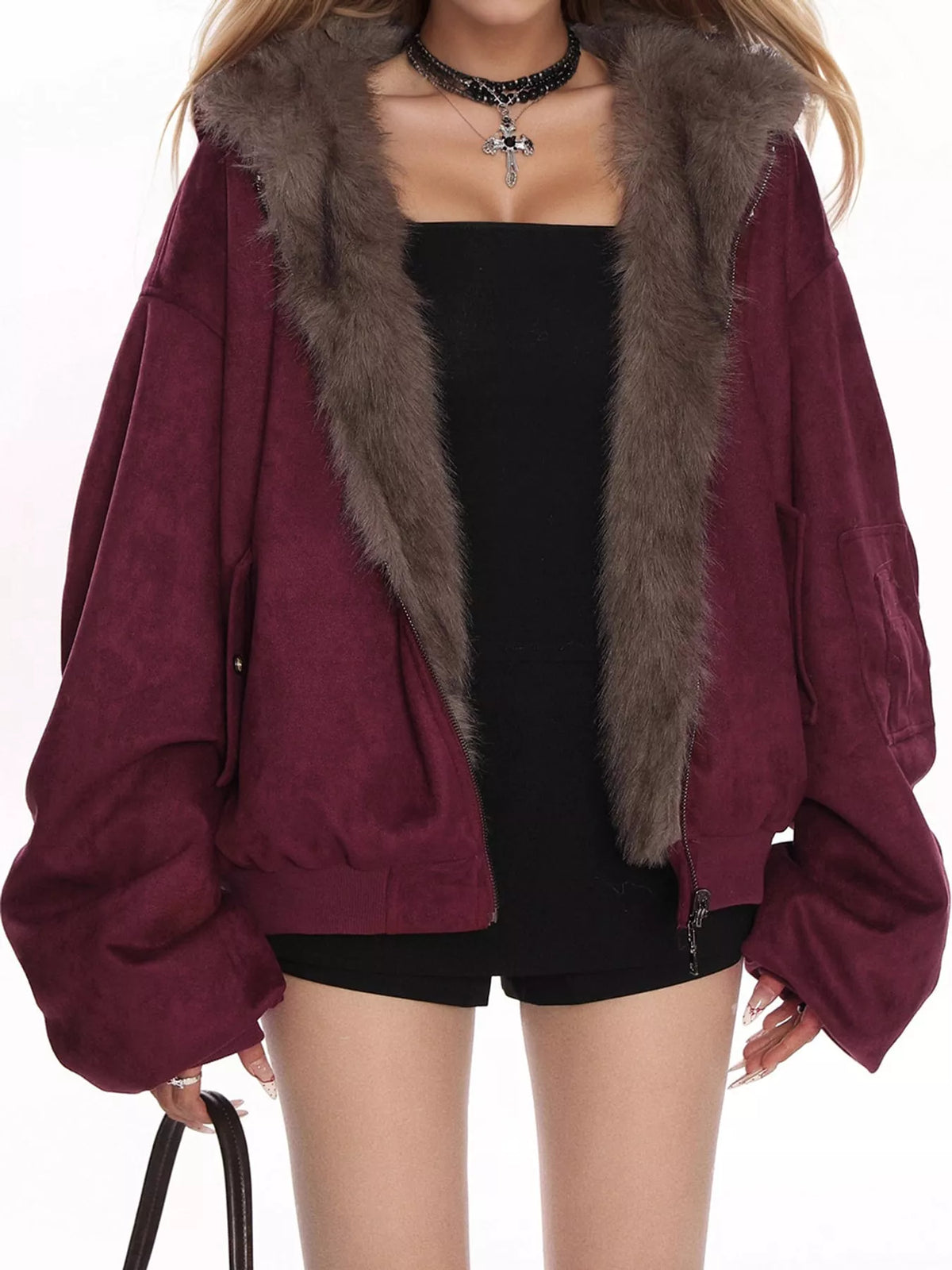 Burgundy faux fur trimmed faux suede bomber jacket