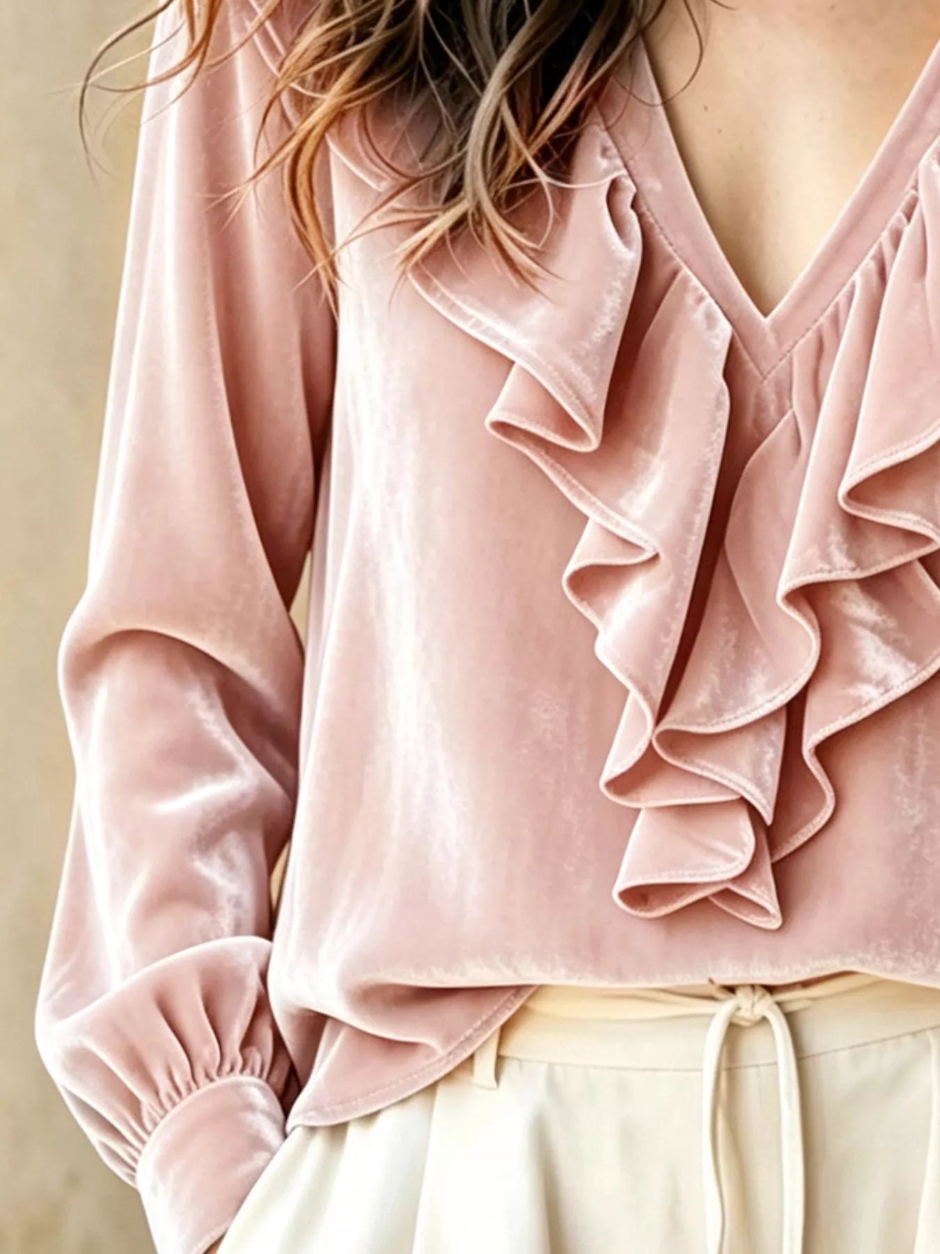 Trendsi Ruffled V-Neck Long Sleeve Blouse -