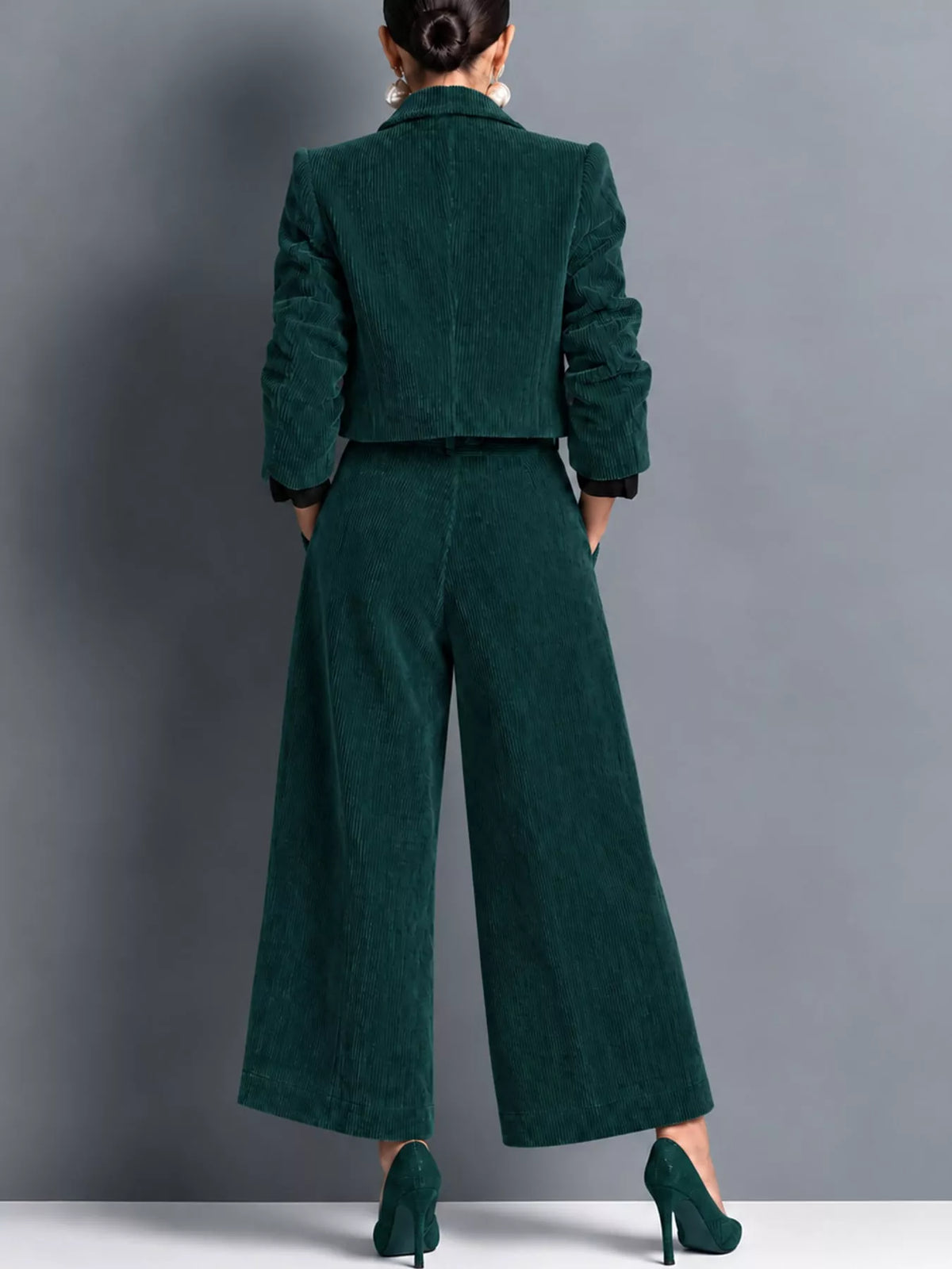Corduroy Button Up Blazer and Pants Set, back view in dark green