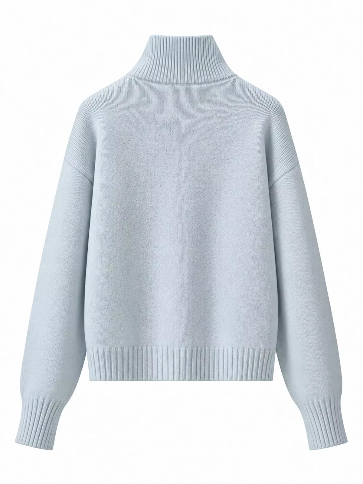 Light Blue turtleneck zip-up cardigan, back view