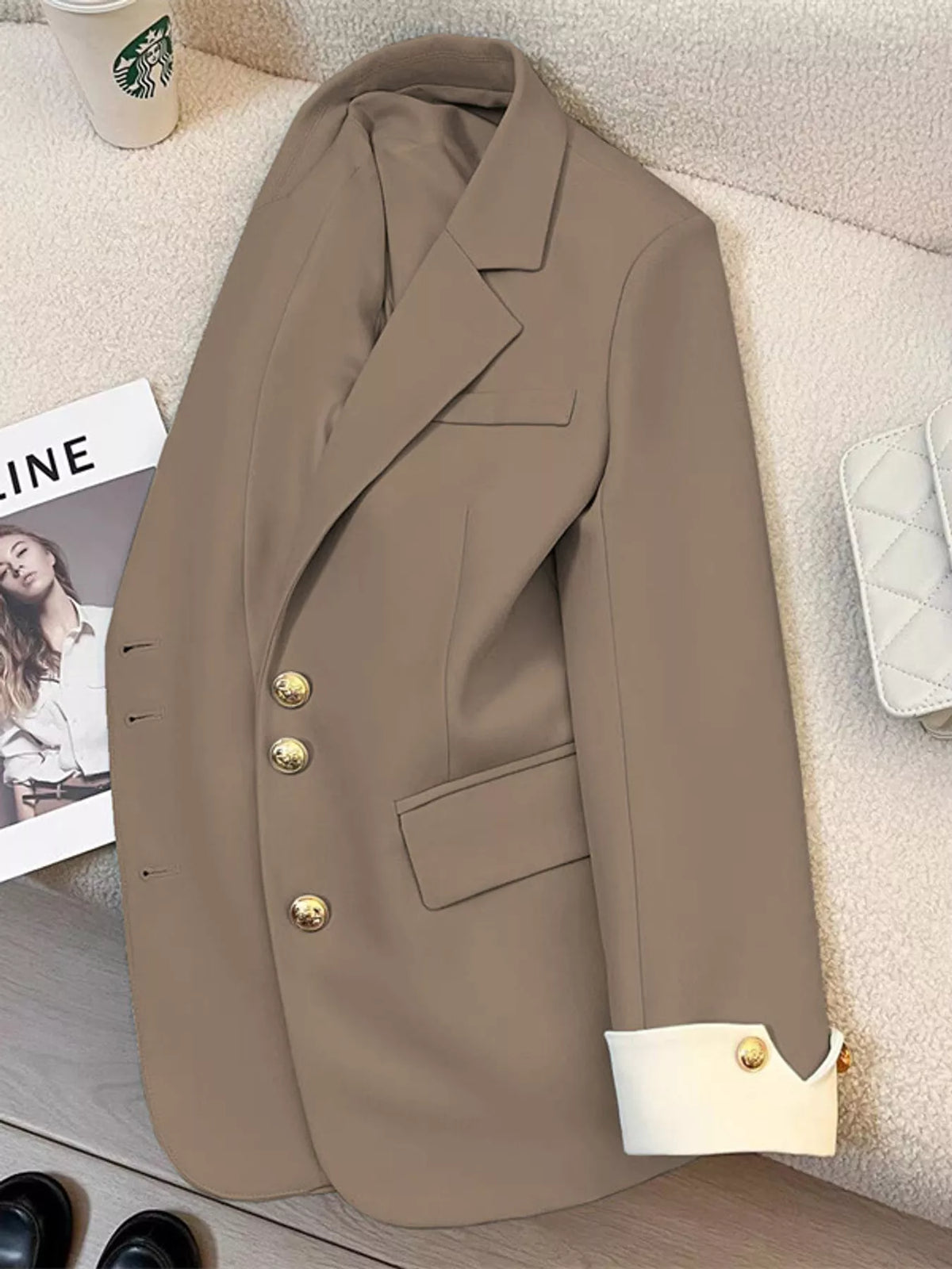 Taupe single-breasted blazer with gold-tone buttons