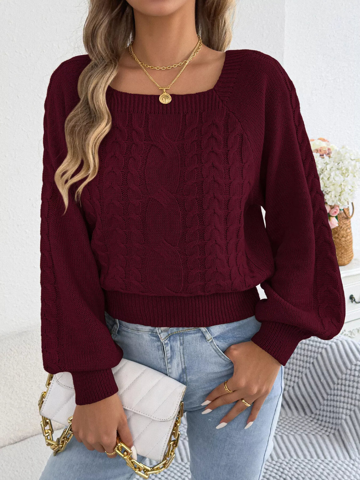Burgundy square neck cable knit sweater