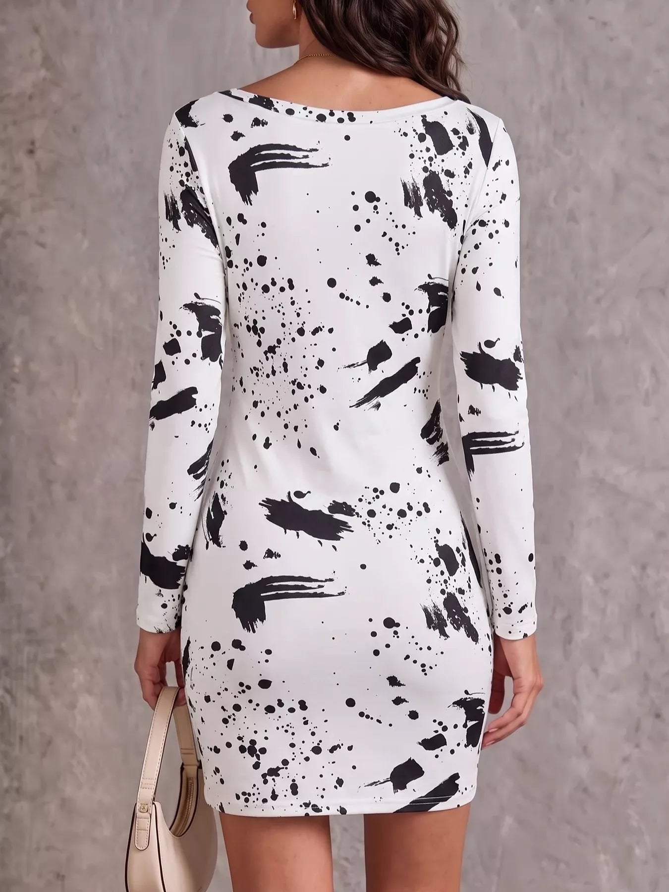 Trendsi One-Shoulder Long Sleeve Paint Splatter Bodycon Mini Dress -