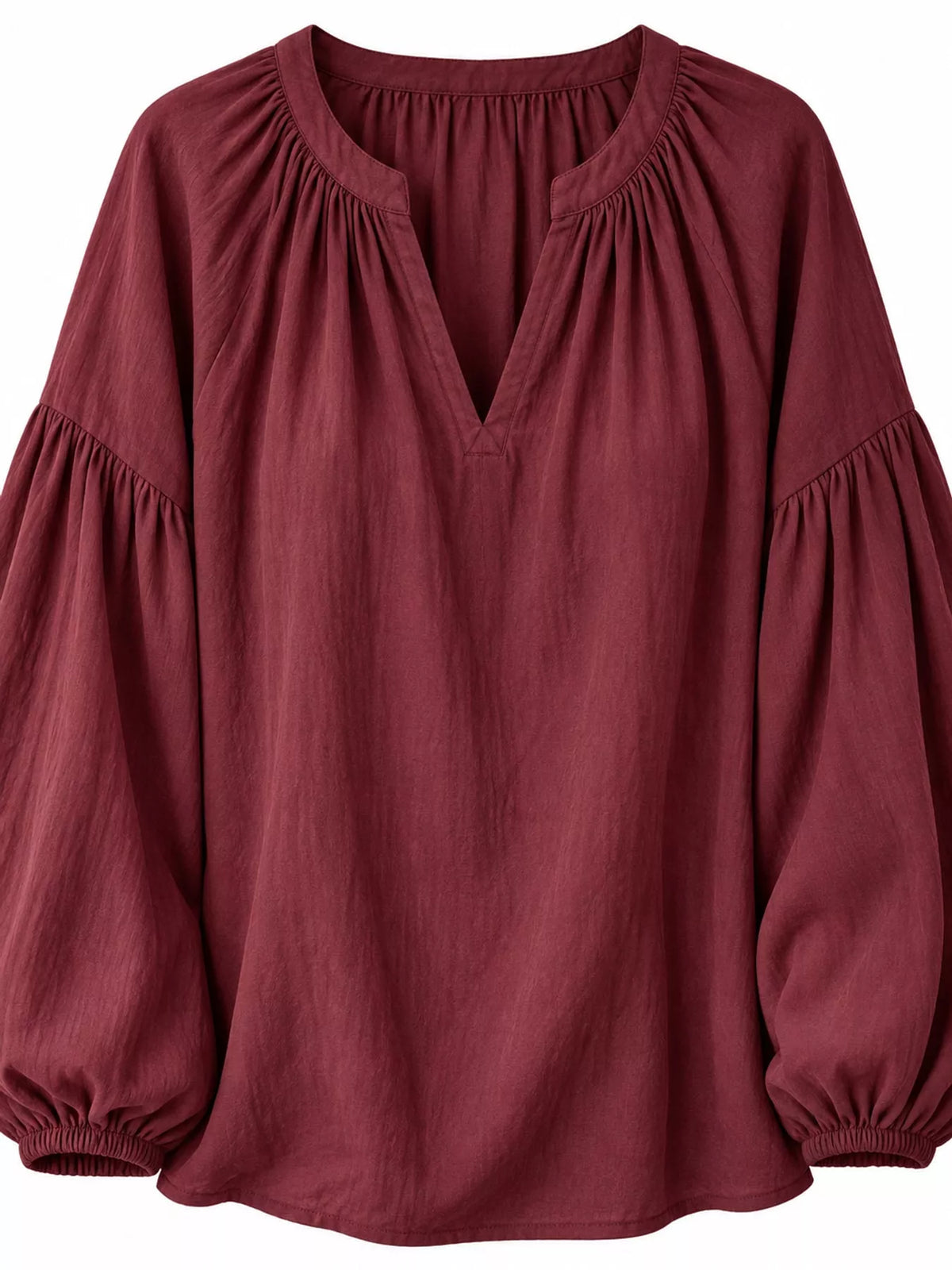 Notched Balloon Sleeve Blouse in burgundy, front view