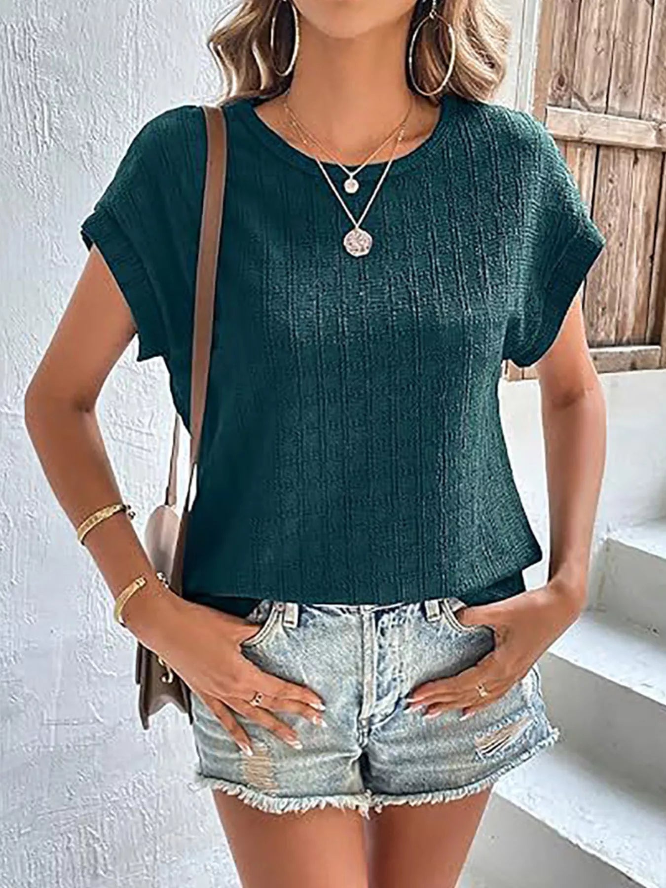 Trendsi Textured Round Neck Short Sleeve Top -