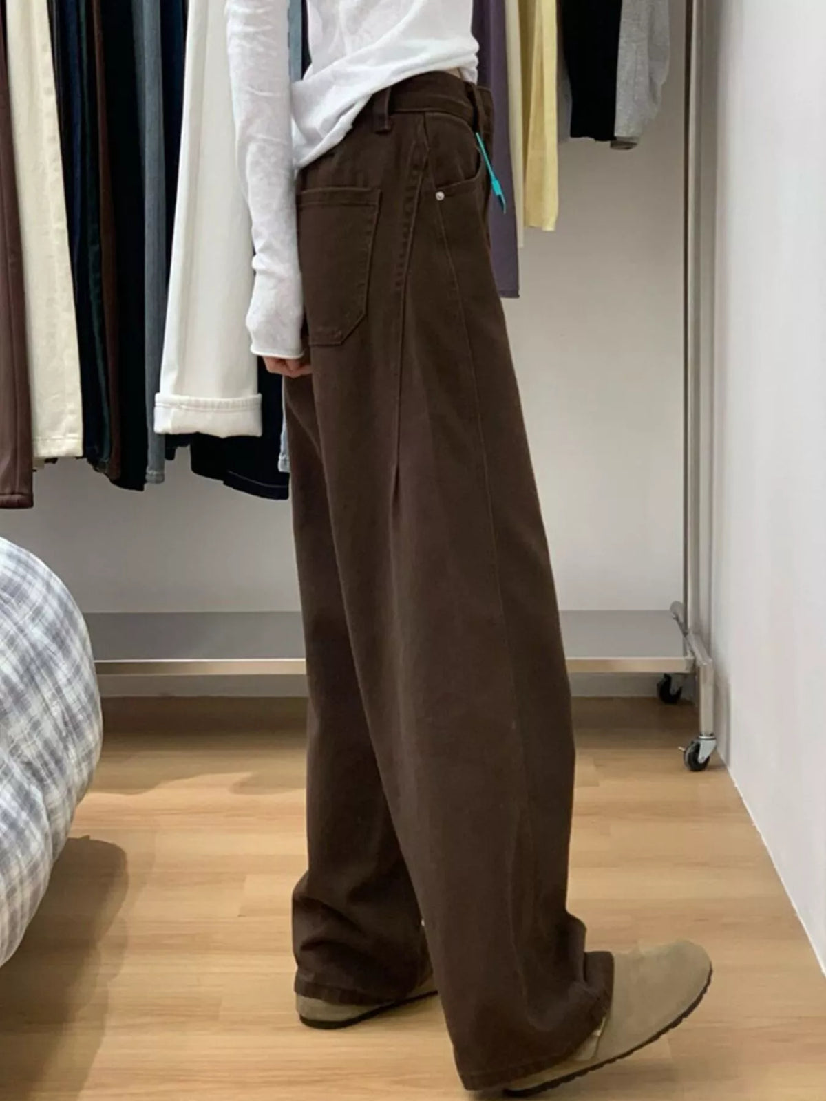 Wide-Leg Jeans with Pockets, back view in chocolate