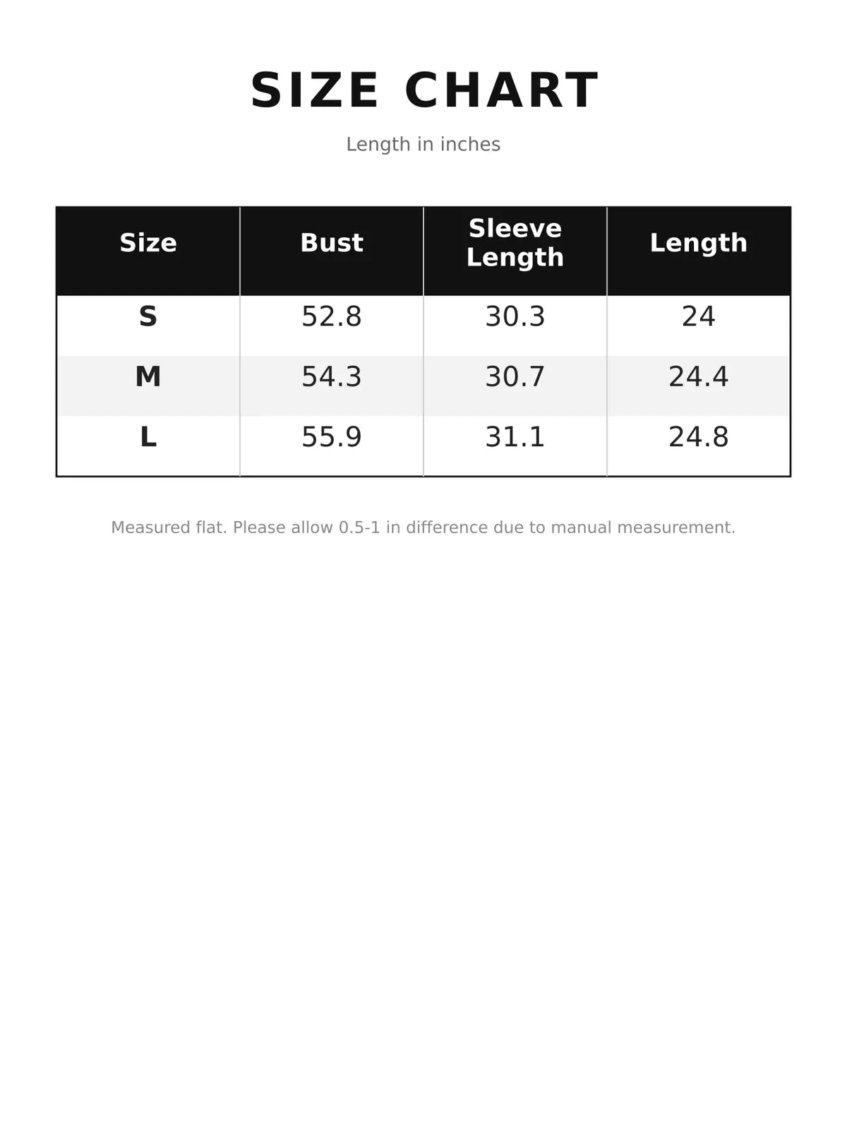 Size chart for women's double-breasted cropped trench jacket