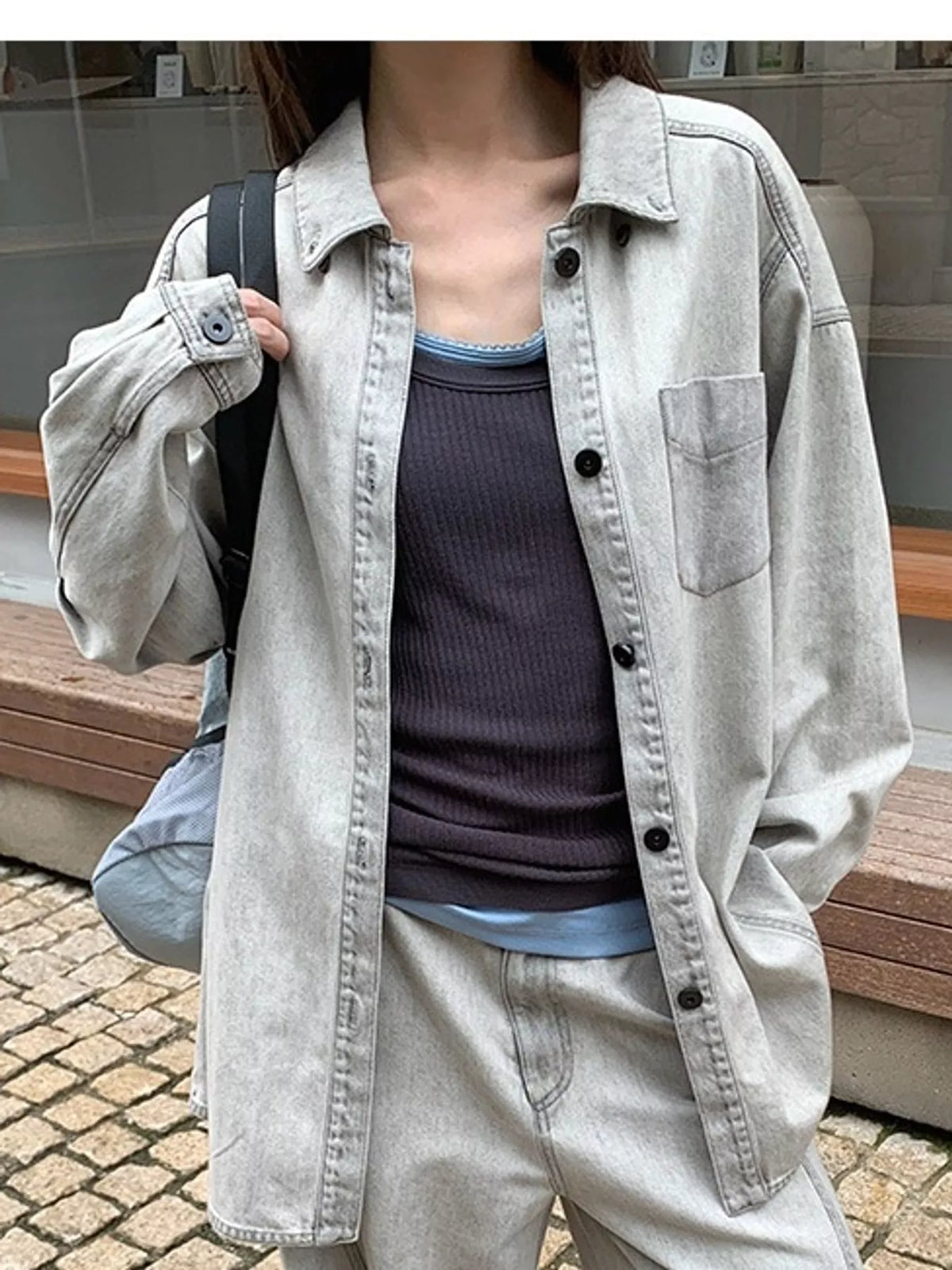 Gray button-down front denim shacket