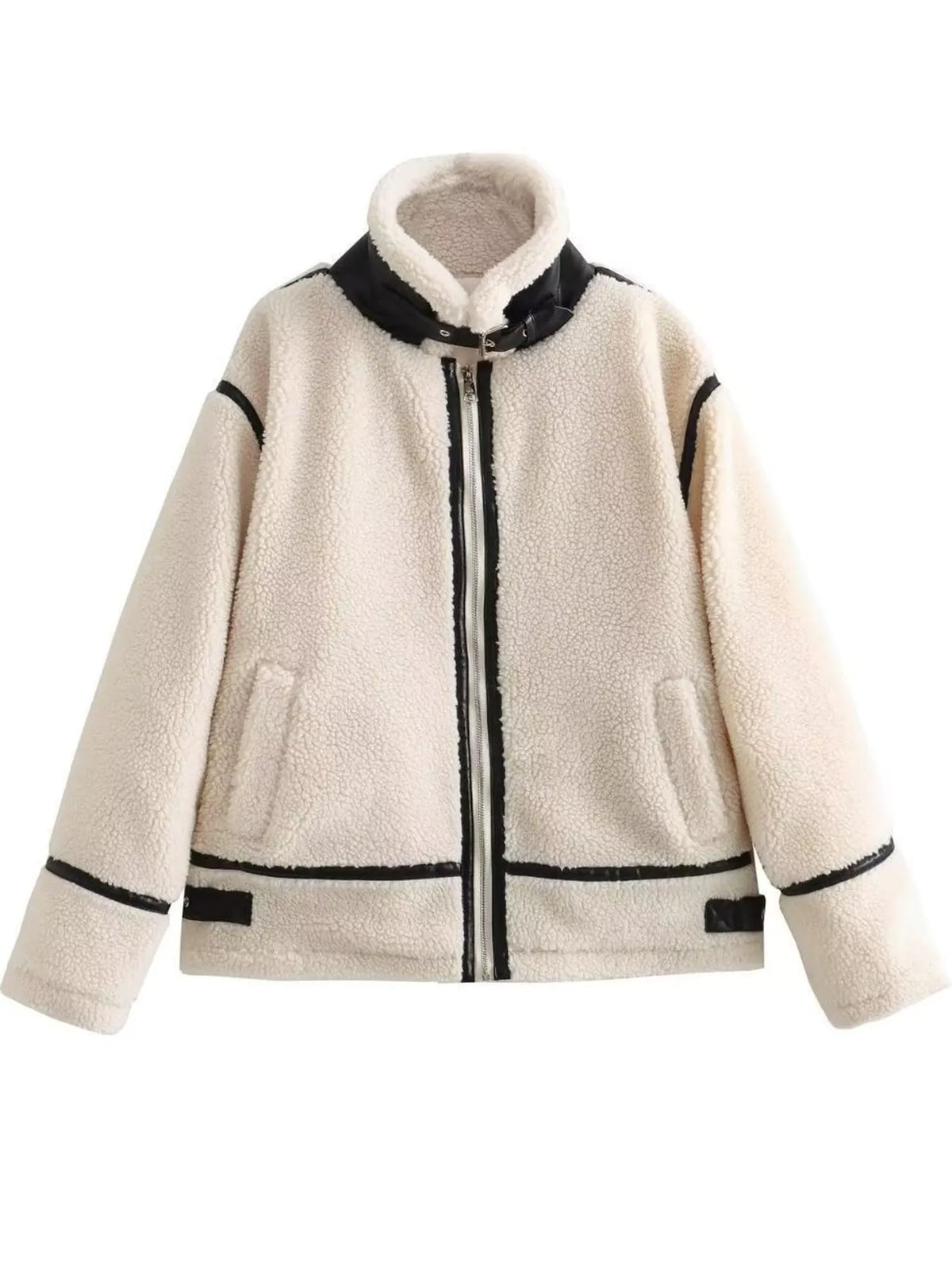 Contrast Trim Zip-Up Sherpa Jacket — garment front
