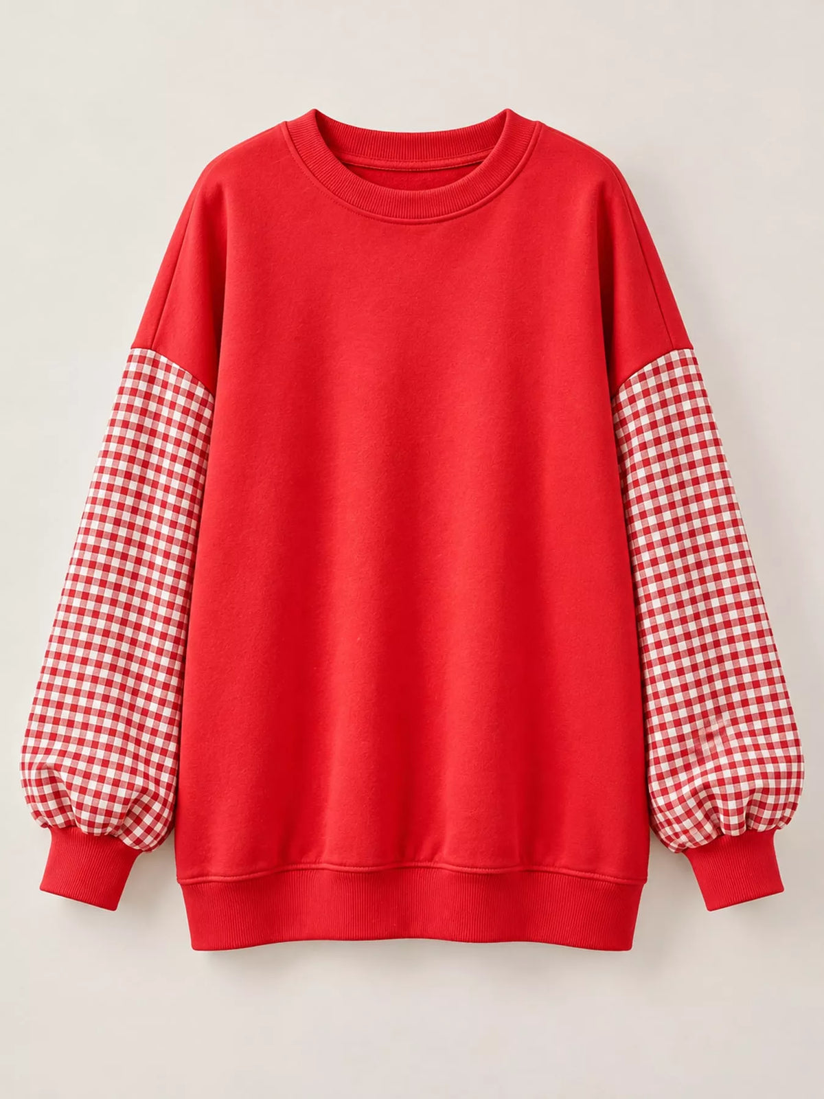 Red and white gingham sleeve dropped shoulder sweatshirt, front view