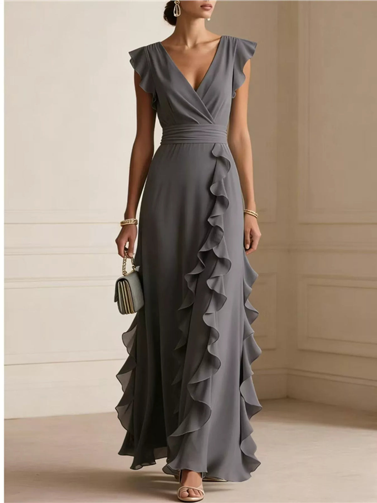Gray ruffled surplice maxi dress, front view