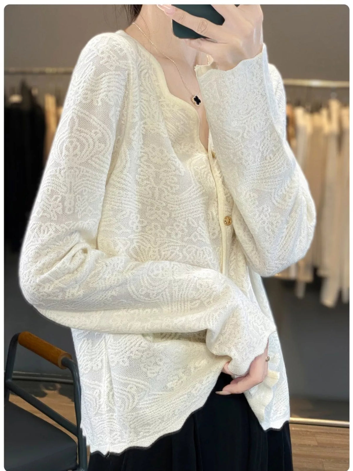 Lace-trim cardigan, cream front
