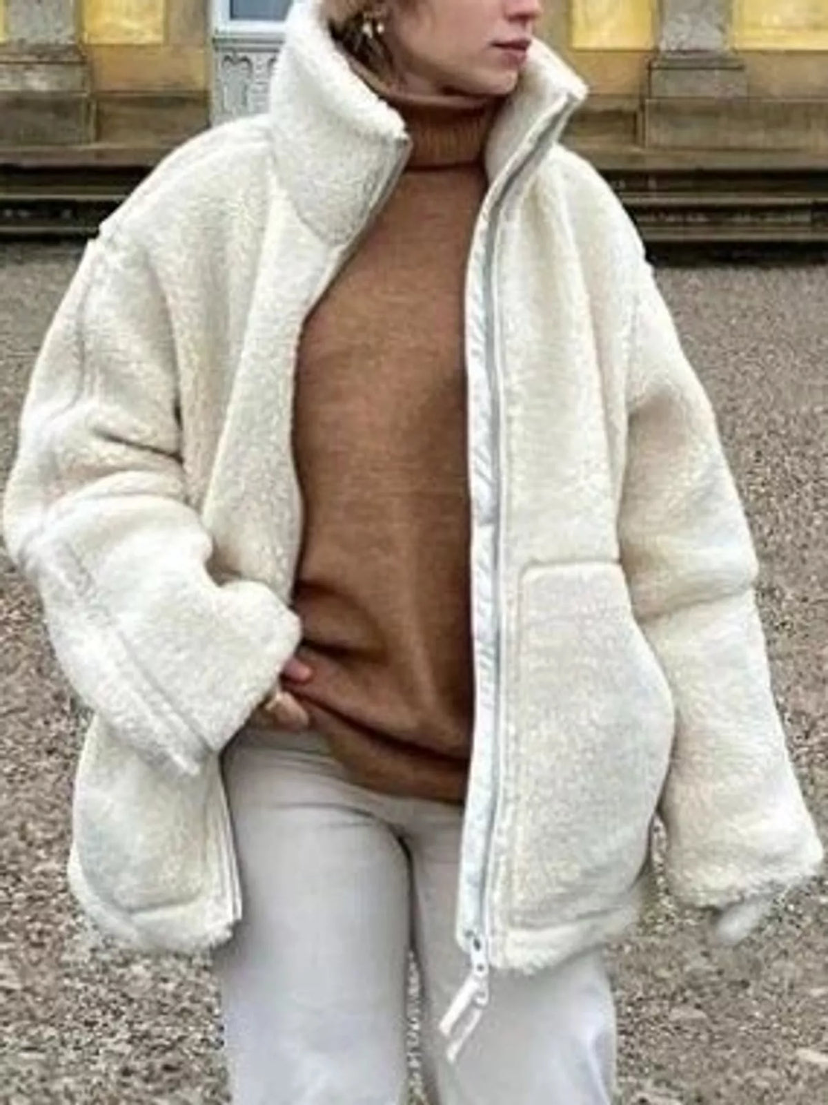 Beige oversized sherpa fleece zip-up jacket