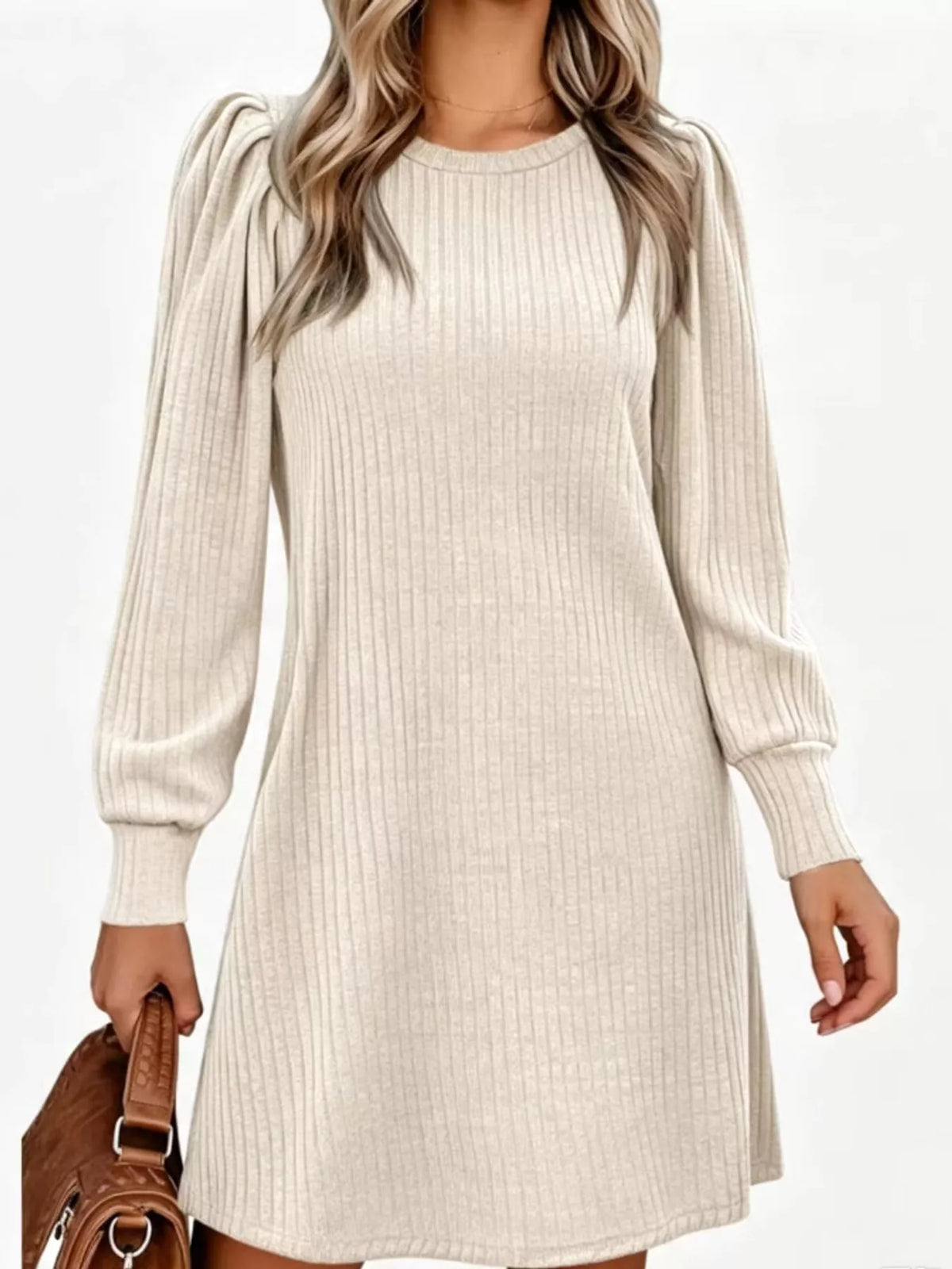 Ribbed puff-sleeve dress, cream front