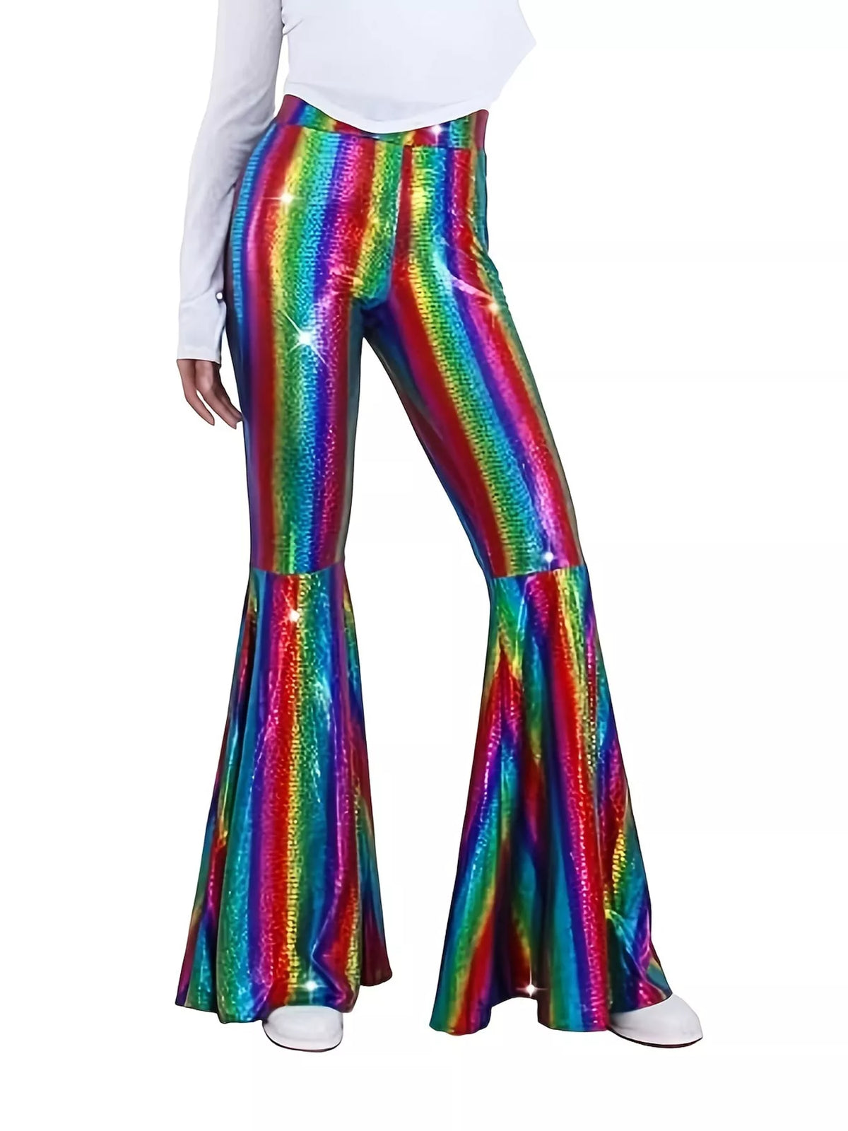 Rainbow high-waisted flare pants — front view
