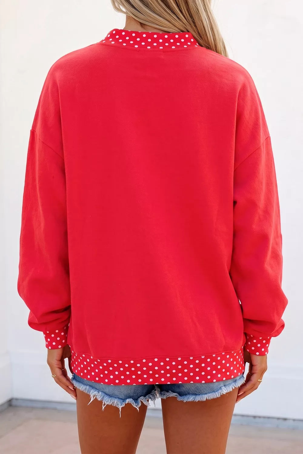 Polka-Dot Trim Football Graphic Sweatshirt in Deep Red