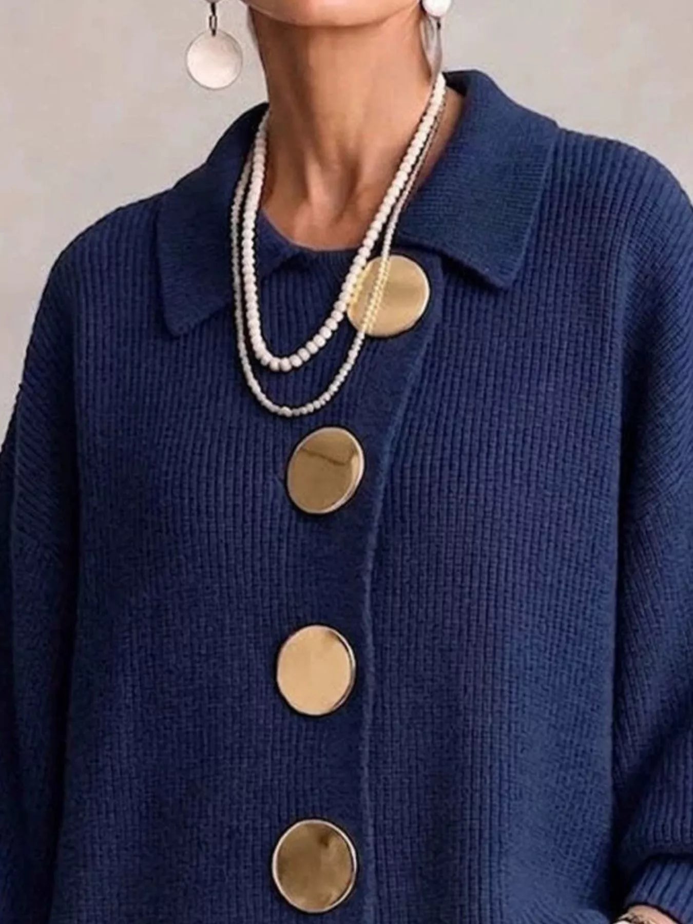 Trendsi Full Size Gold Buttons Lantern Sleeve Cardigan Plus Size -