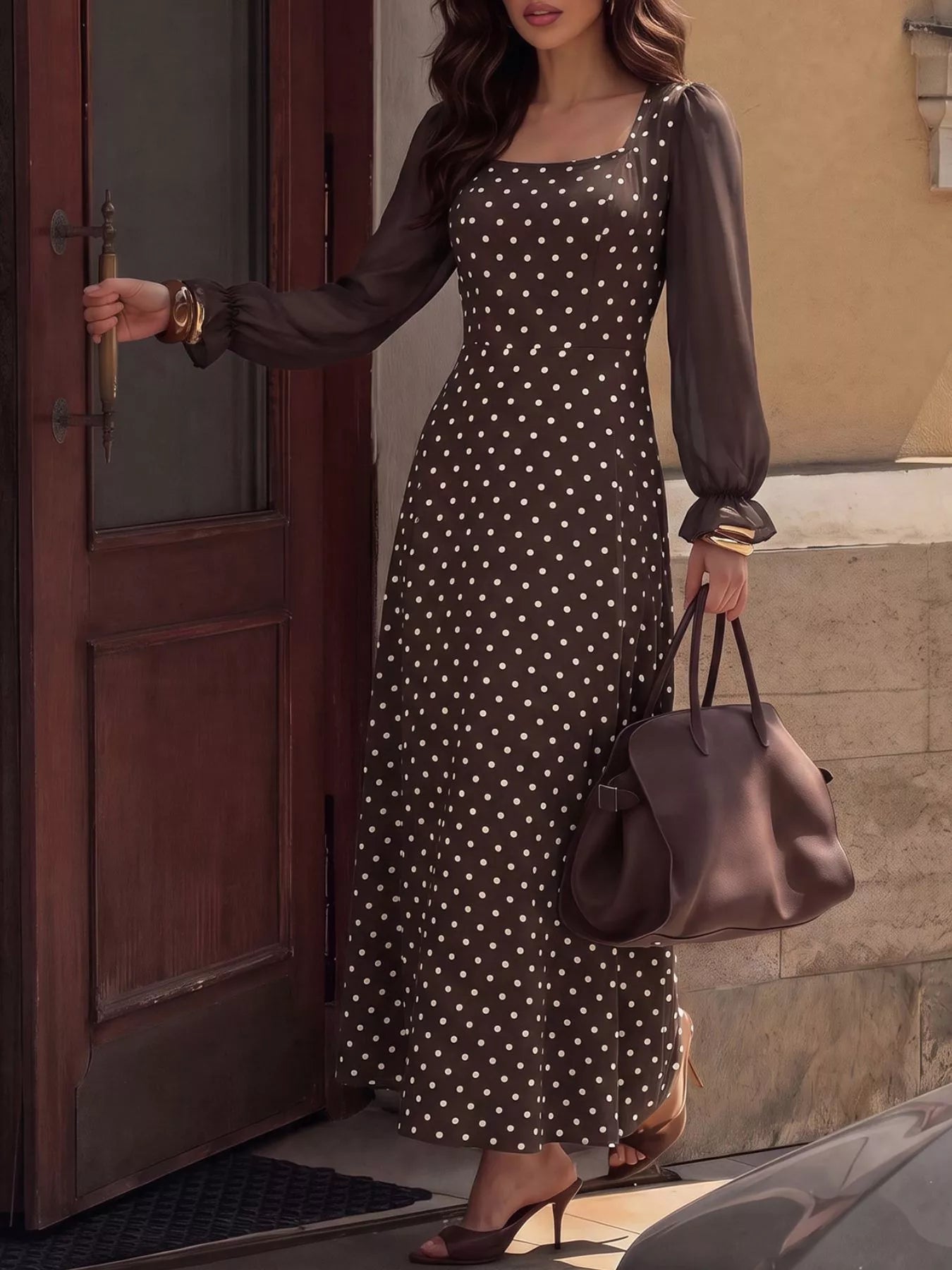 Trendsi Polka Dot Square Neck Long Sleeve Maxi Dress -