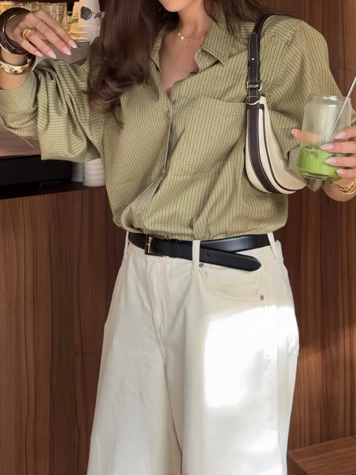 Plaid Button-Down Shirt in green, front view