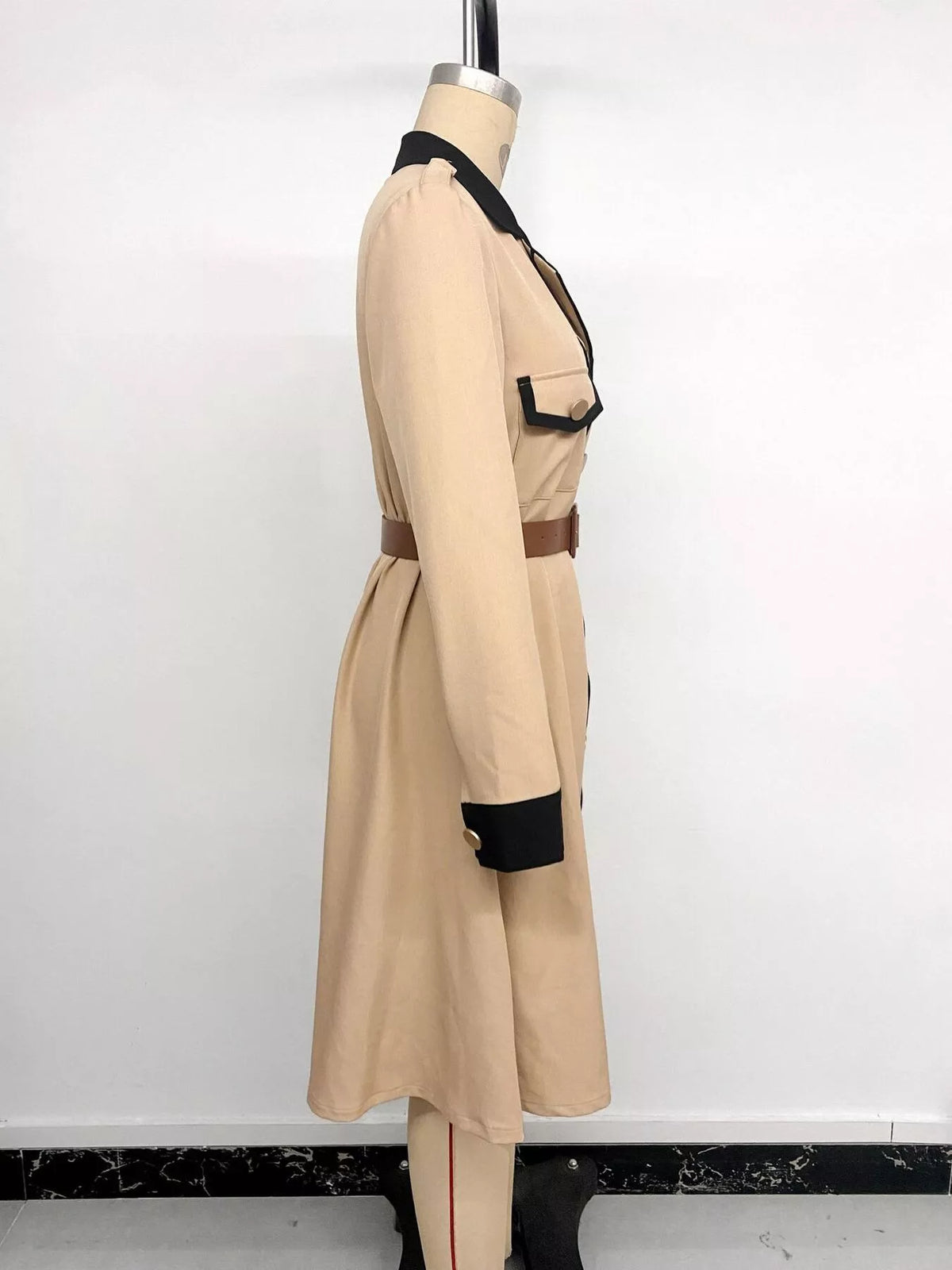 Contrast lapel button front midi shirt dress