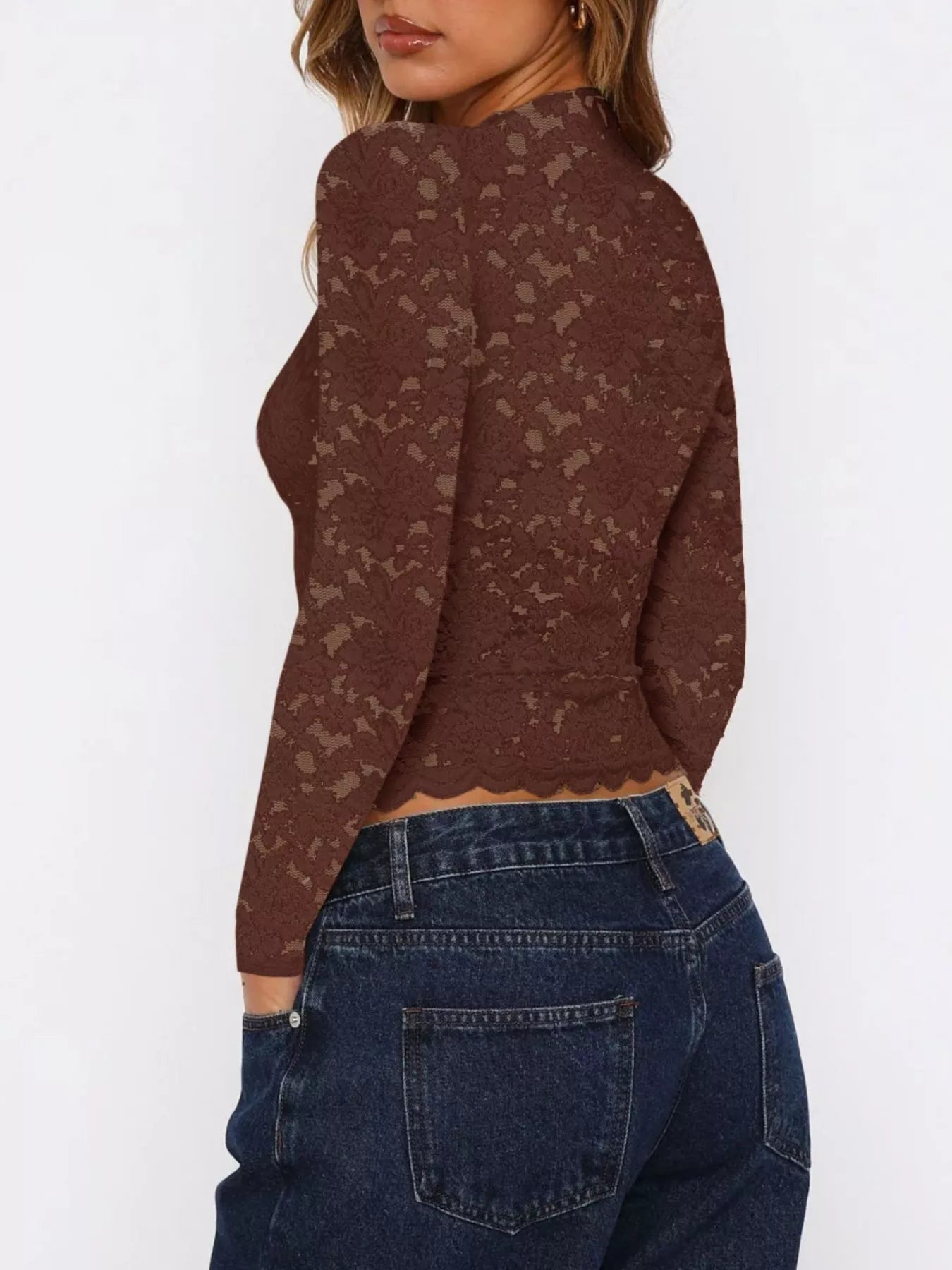 Trendsi Sheer Lace Long Sleeve V-Neck Top -