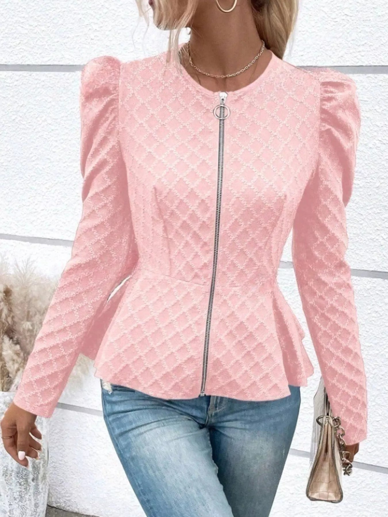 Trendsi Puff Sleeve Textured Jacquard Jacket -