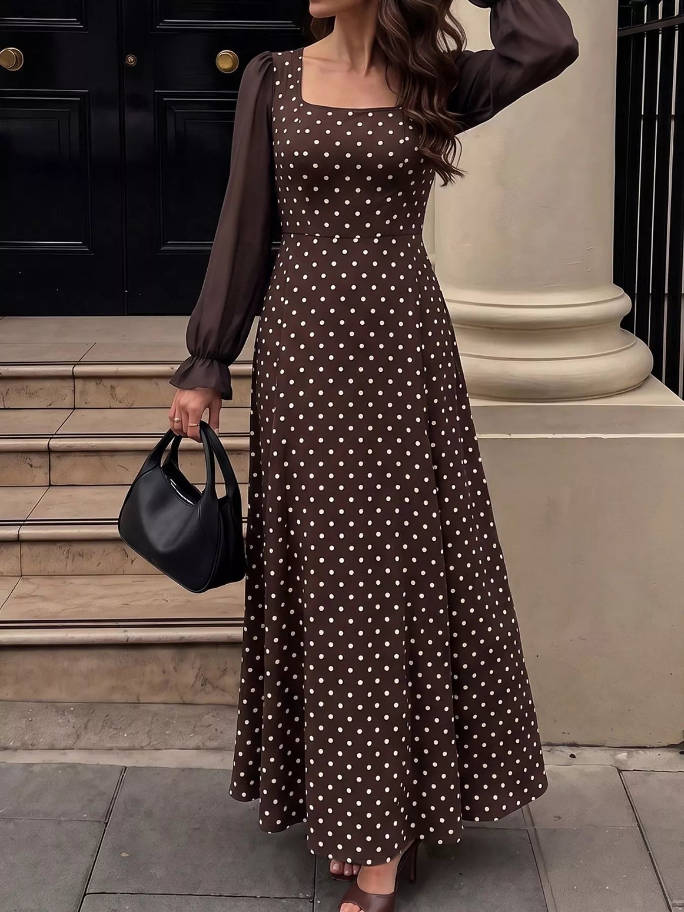 Trendsi Polka Dot Square Neck Long Sleeve Maxi Dress -