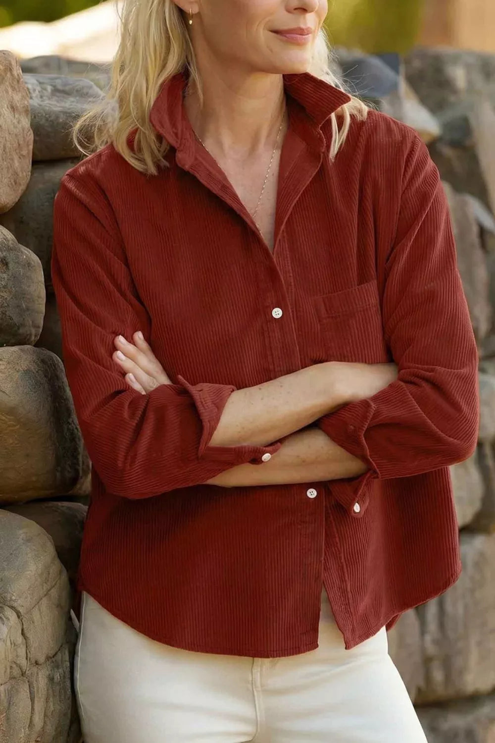 Rust corduroy button-down shirt, front with rolled cuffs