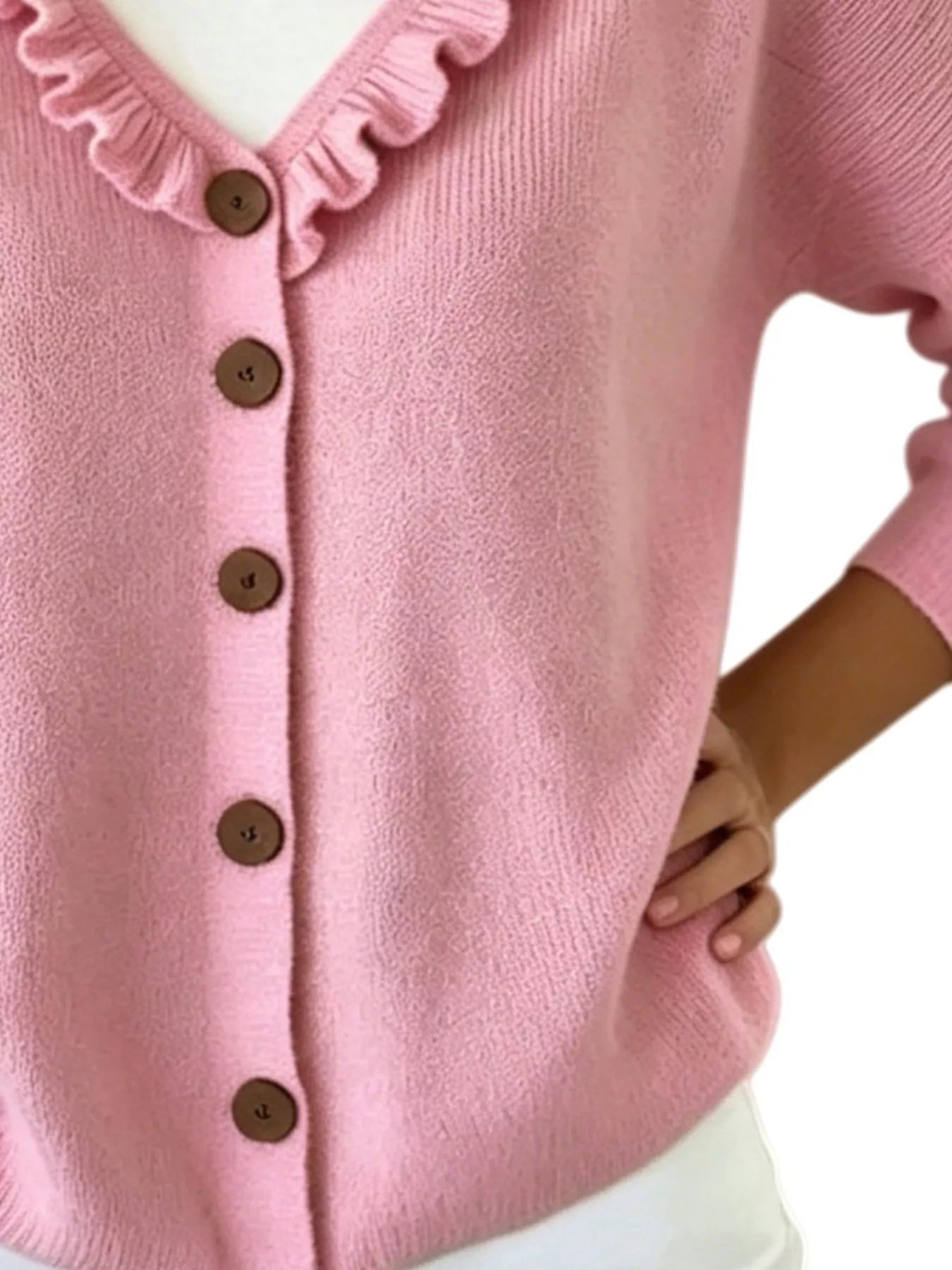 Trendsi Ruffled Neckline Button-Up Cardigan -