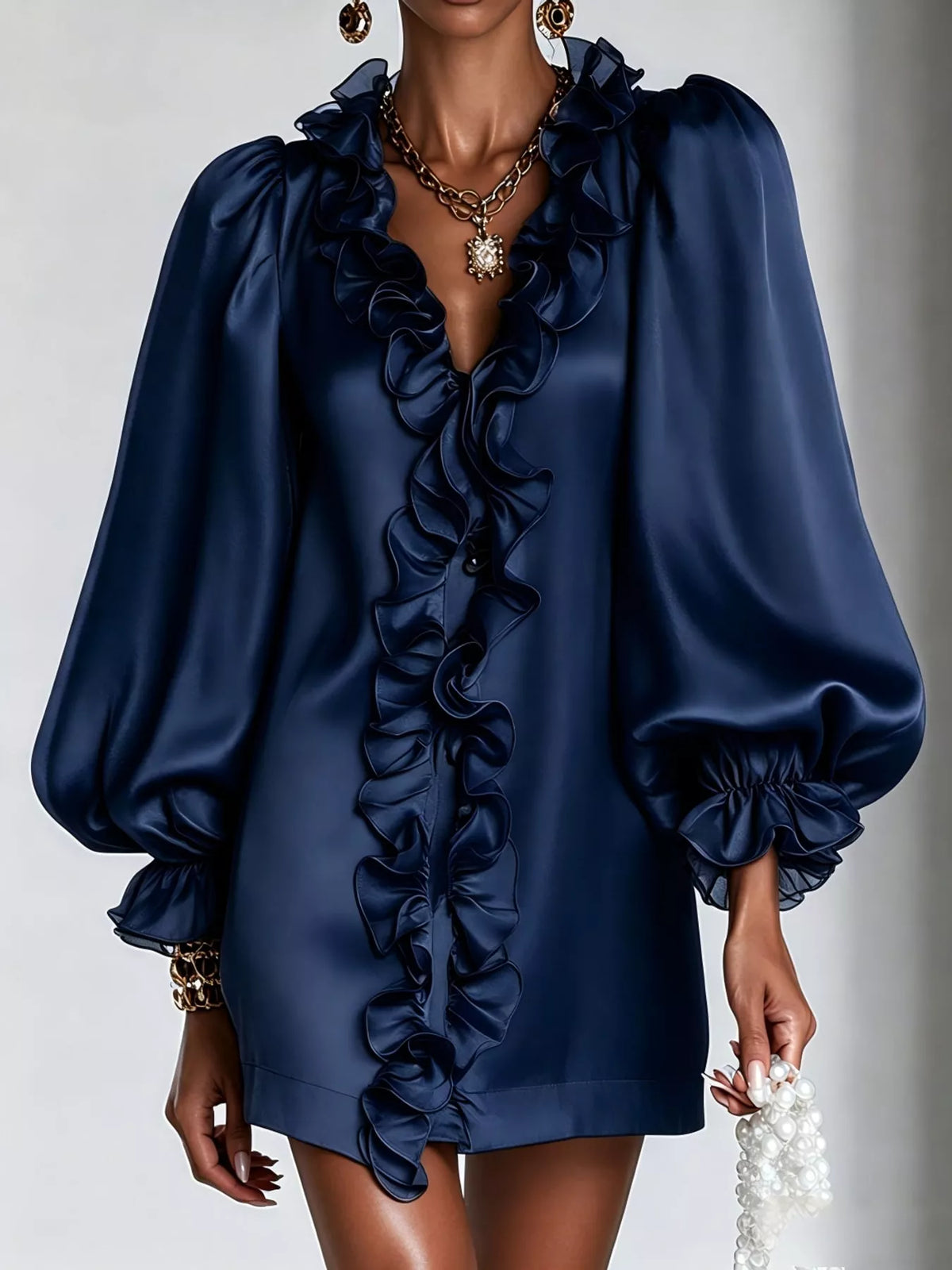 Ruffle Trim Puff Sleeve Mini Dress in navy, front view