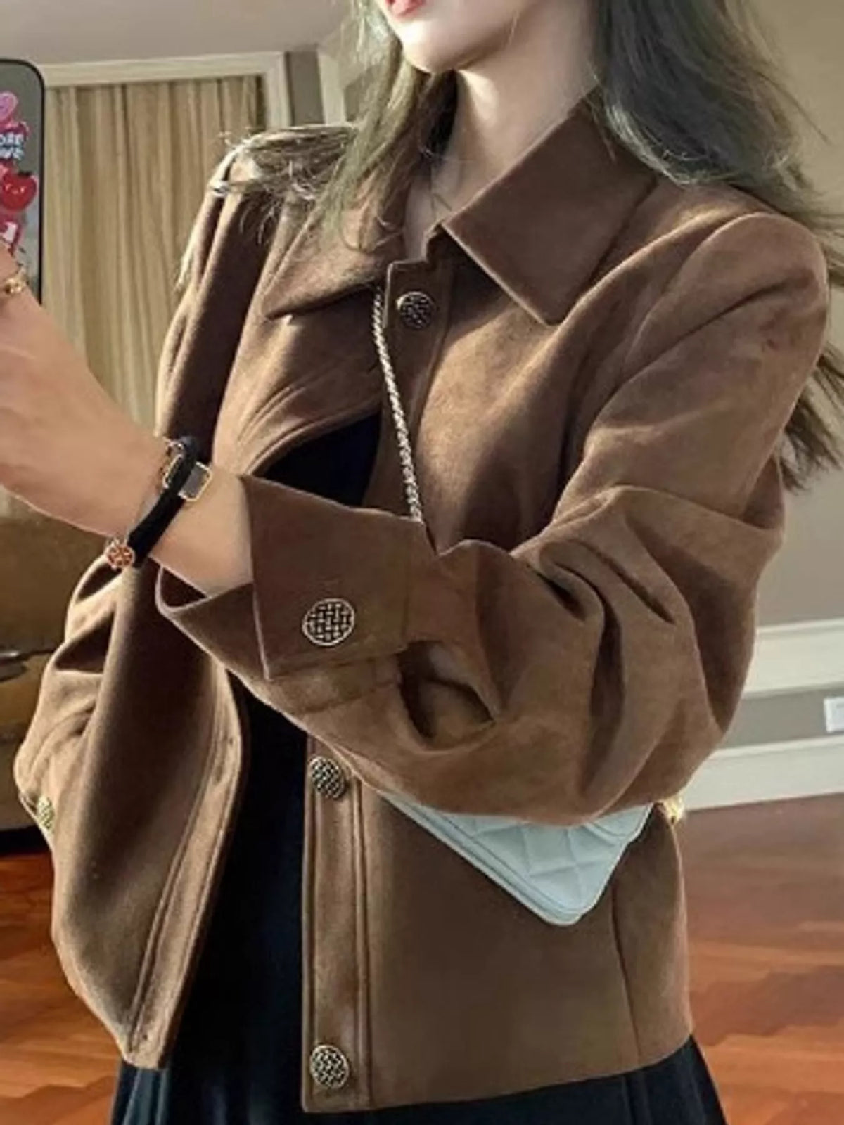 Vintage Suede Button-Down Jacket in brown-lined