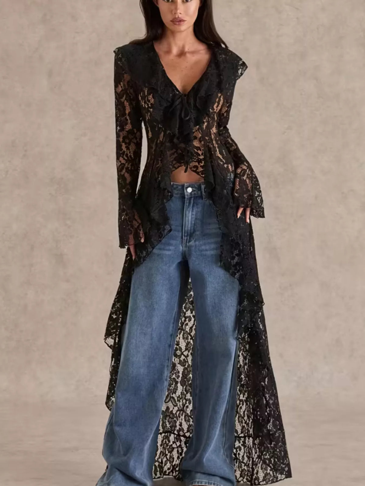 Lace ruffle-trim high-low blouse