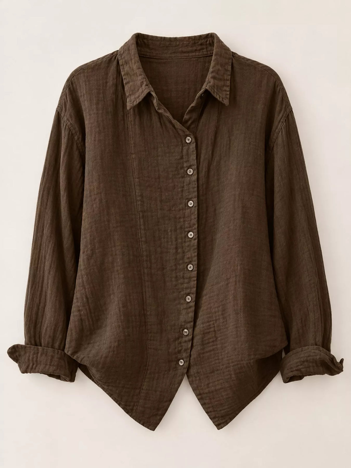 Brown asymmetric button-down long sleeve shirt