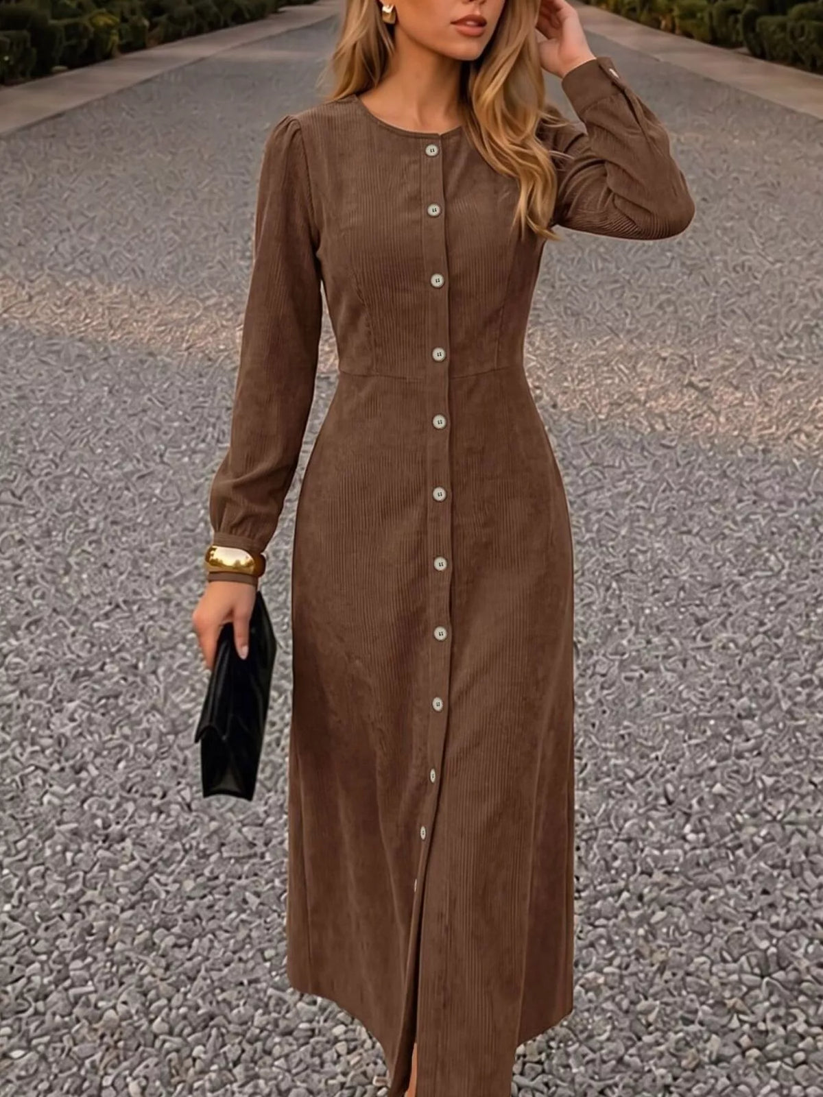 Brown corduroy button-down maxi dress, button front detail