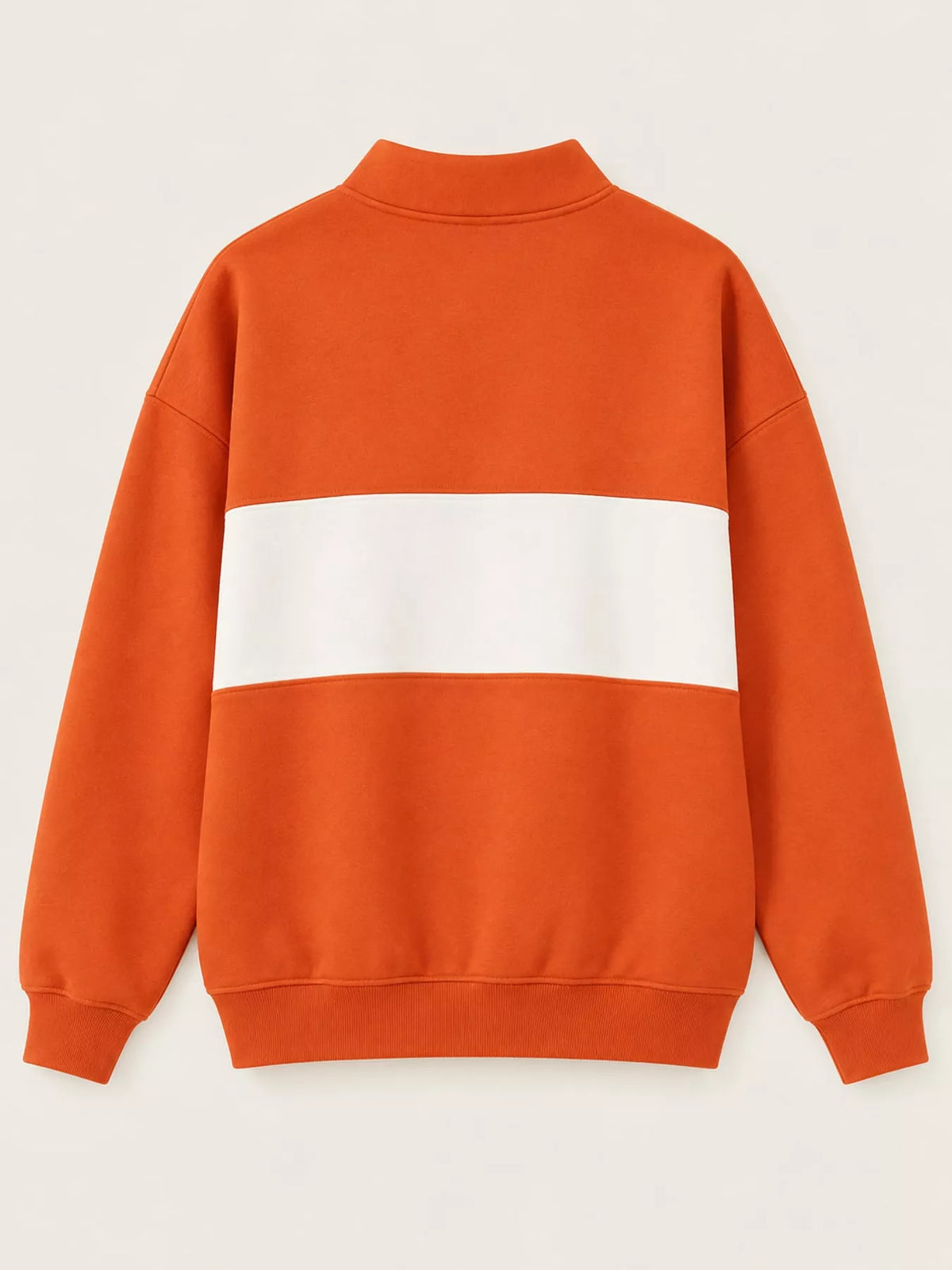 Orange and cream color block snap-button sweatshirt, back view