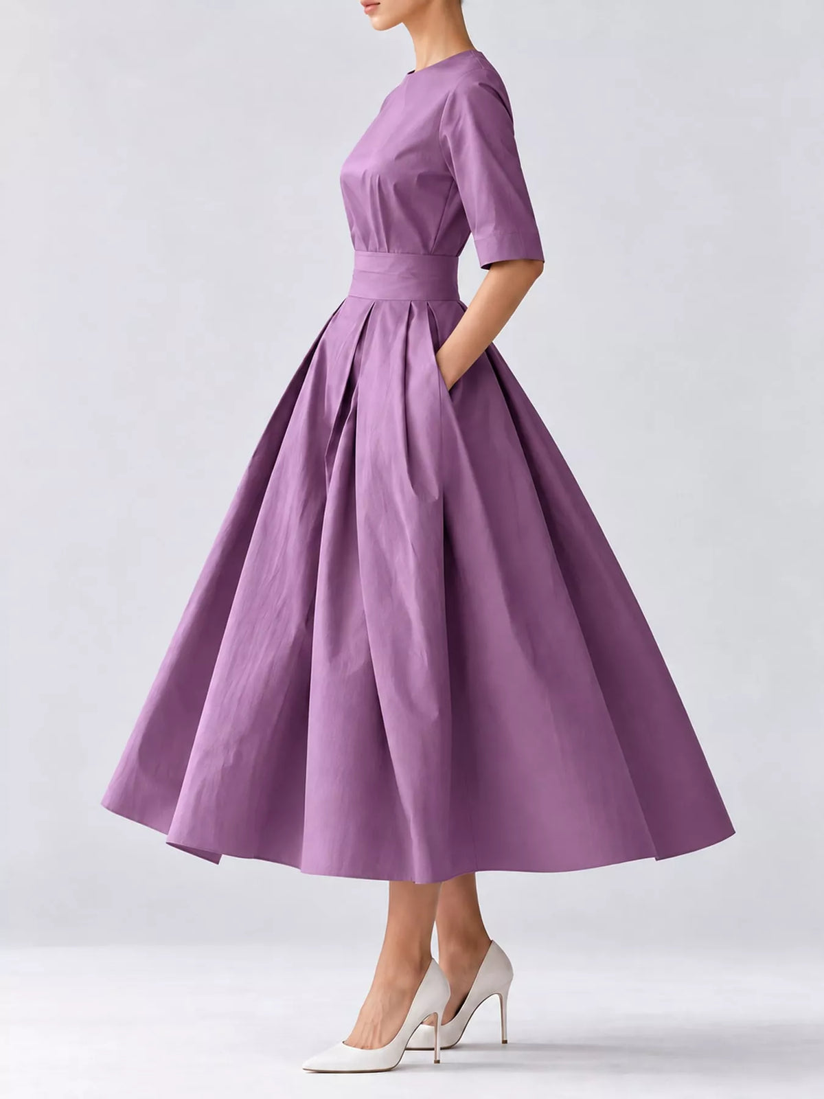 Round neck short sleeve midi dress, side view