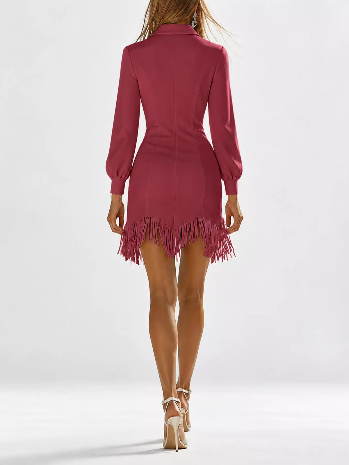 Burgundy zip front long sleeve fringe mini dress, back view