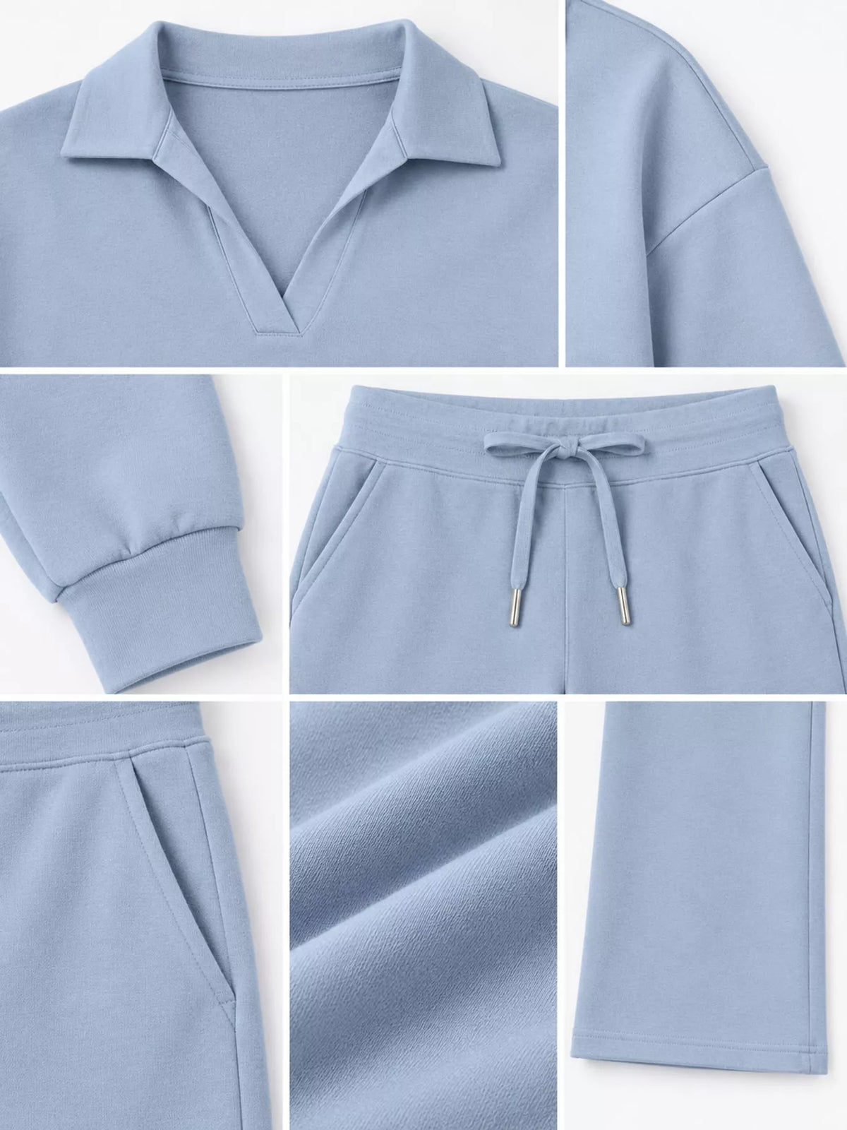 Top and drawstring pants set, blue detail collage