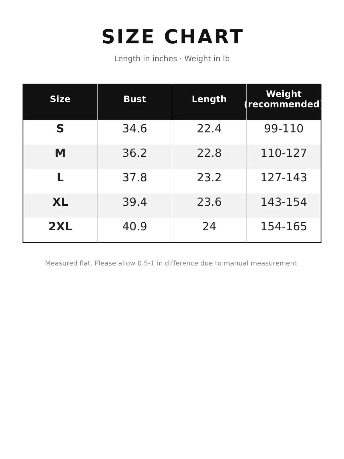Size chart for round neck short-sleeve sweater