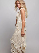 Trendsi POL Vintage Wash Ruffled Crochet Vest Cardigan -