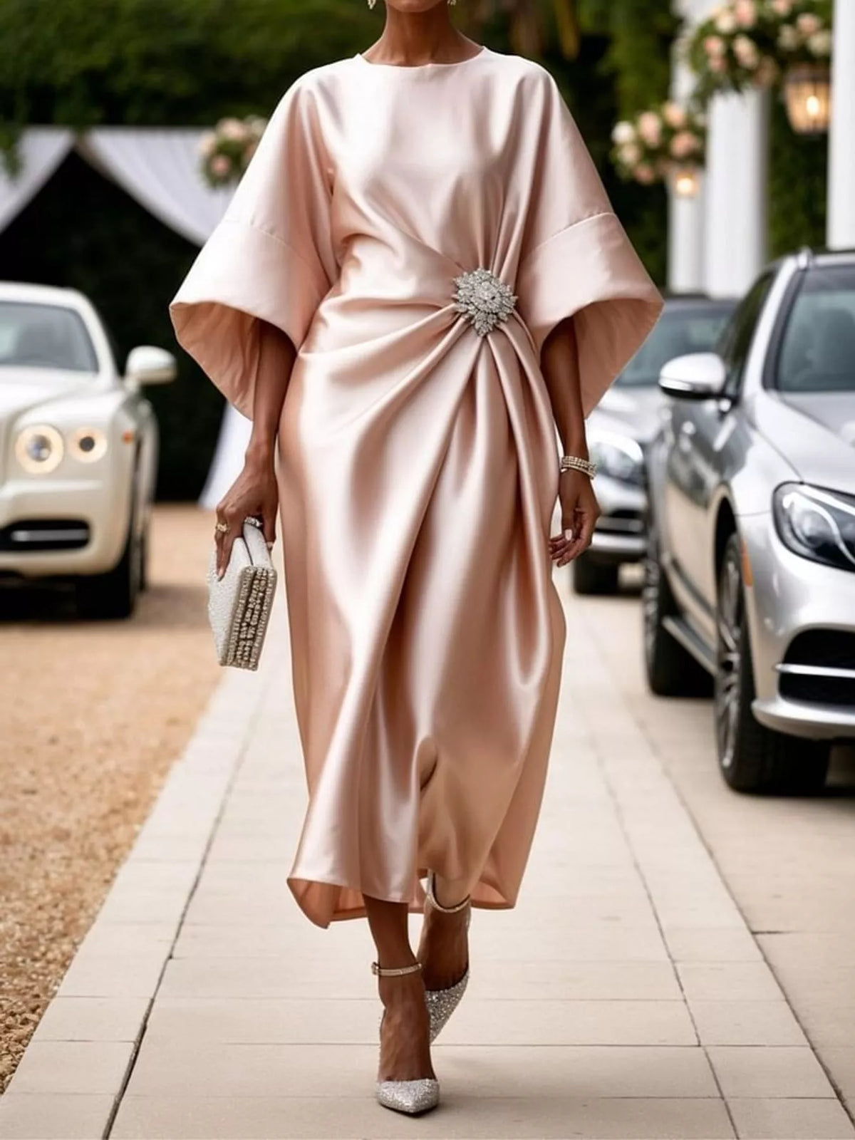 Light Pink satin draped brooch evening dress